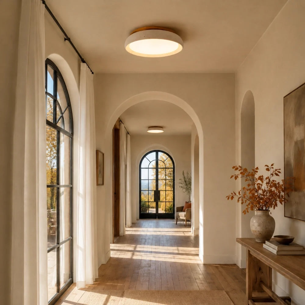 Travertine flush mount ceiling lights along an arched plaster hallway