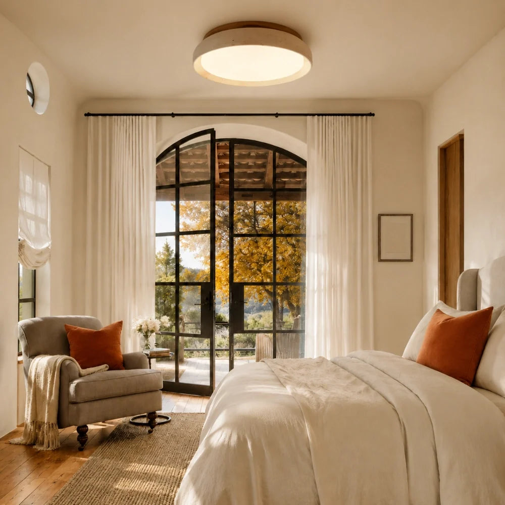 Travertine flush mount ceiling light in a bright bedroom with an arched garden door