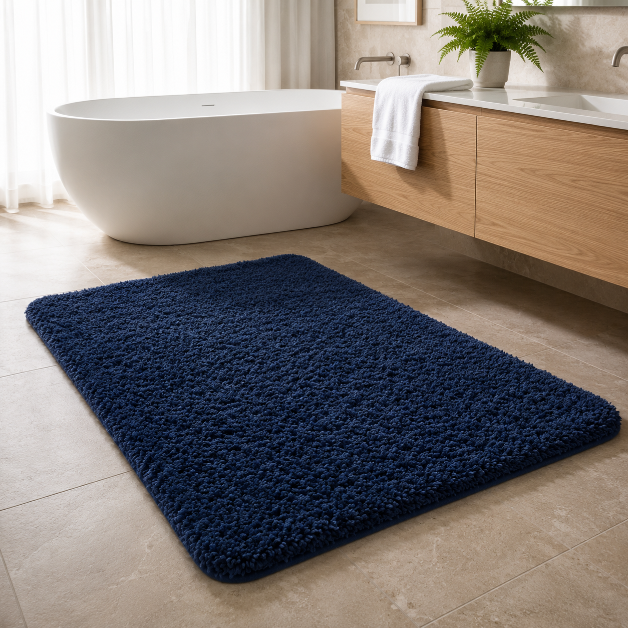 Soffice Lusso plush shag bath rug in Navy in a bright bathroom