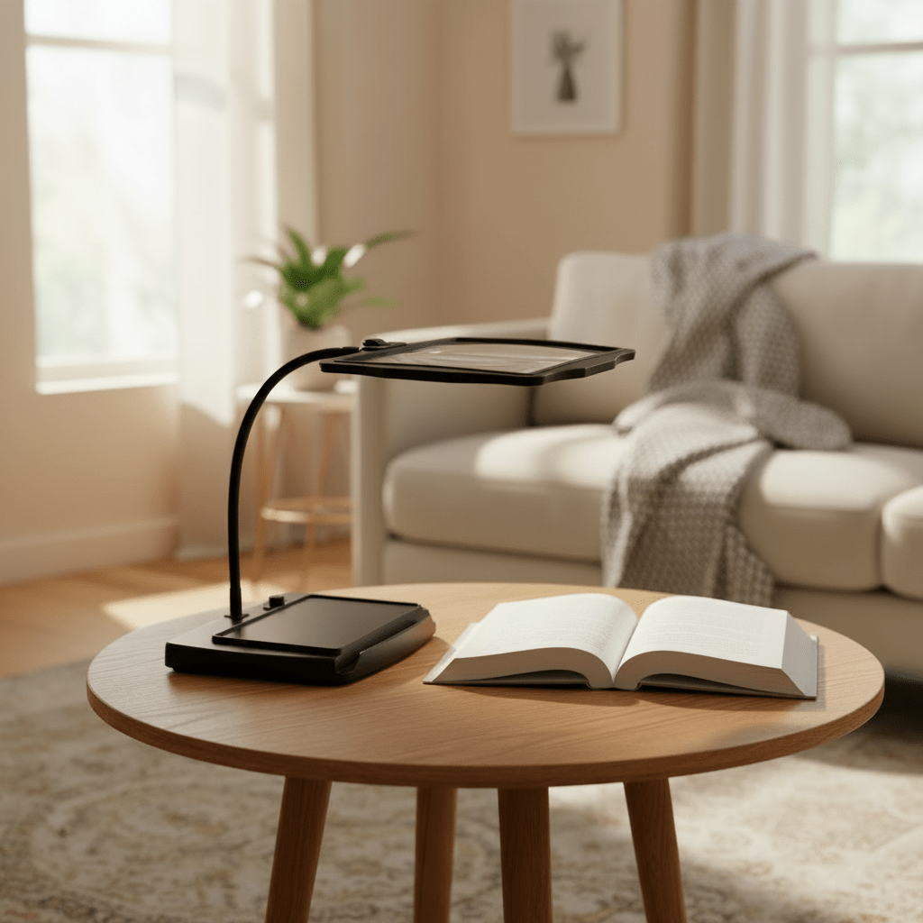 Black magnifying desk lamp on a coffee table in a bright living room