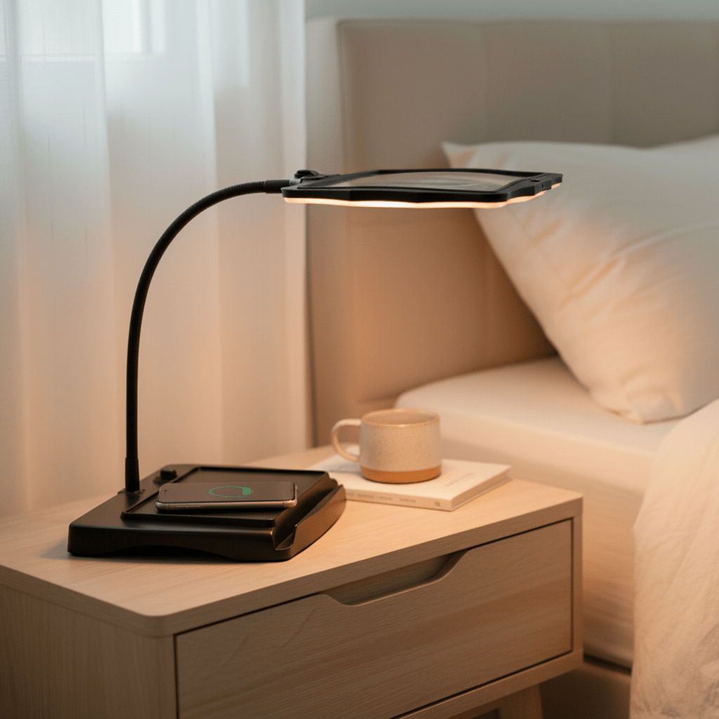 Black magnifying desk lamp on a nightstand beside a bed