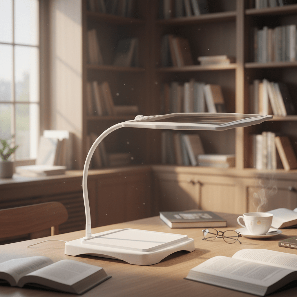 White magnifying desk lamp on a desk in a home library