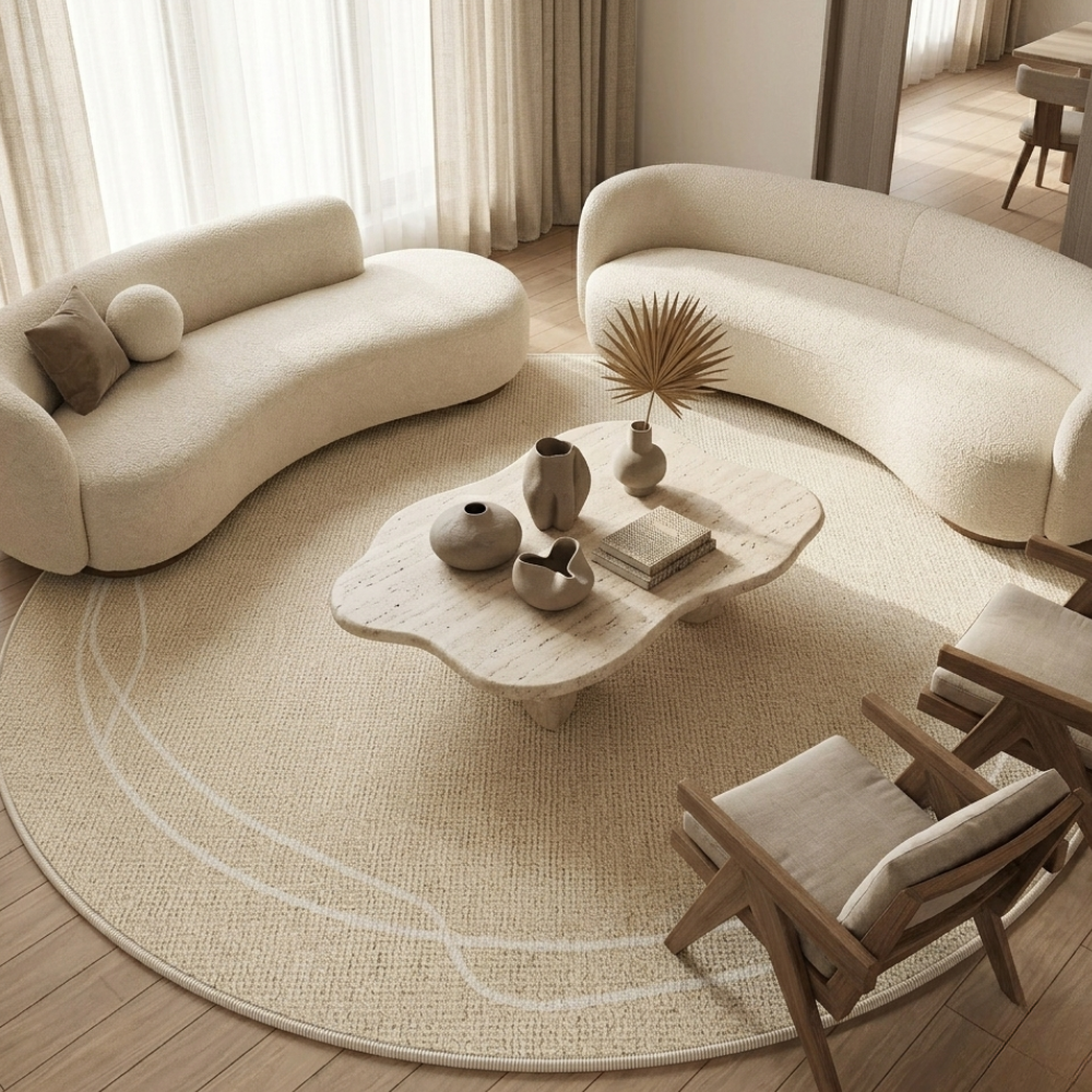 Veloura Luxury Round Area Rug | Soft Cream Non-Slip Wabi Sabi Rug for Living Room or Bedroom