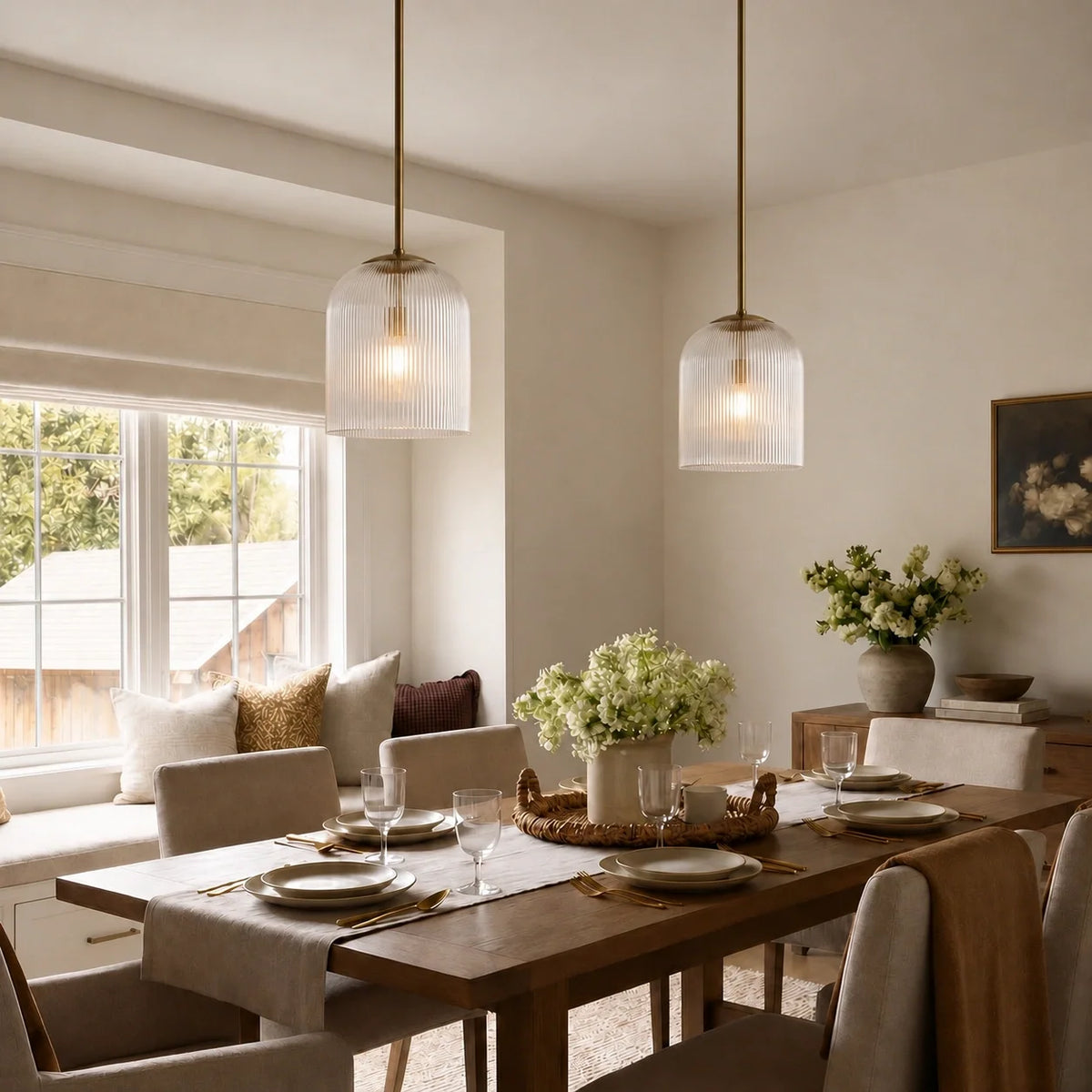 Brass ribbed glass dome pendants over a farmhouse dining table