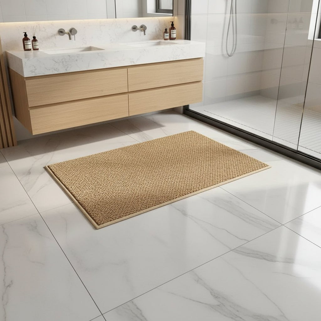 Beige woven mat in a bright bathroom by a double vanity