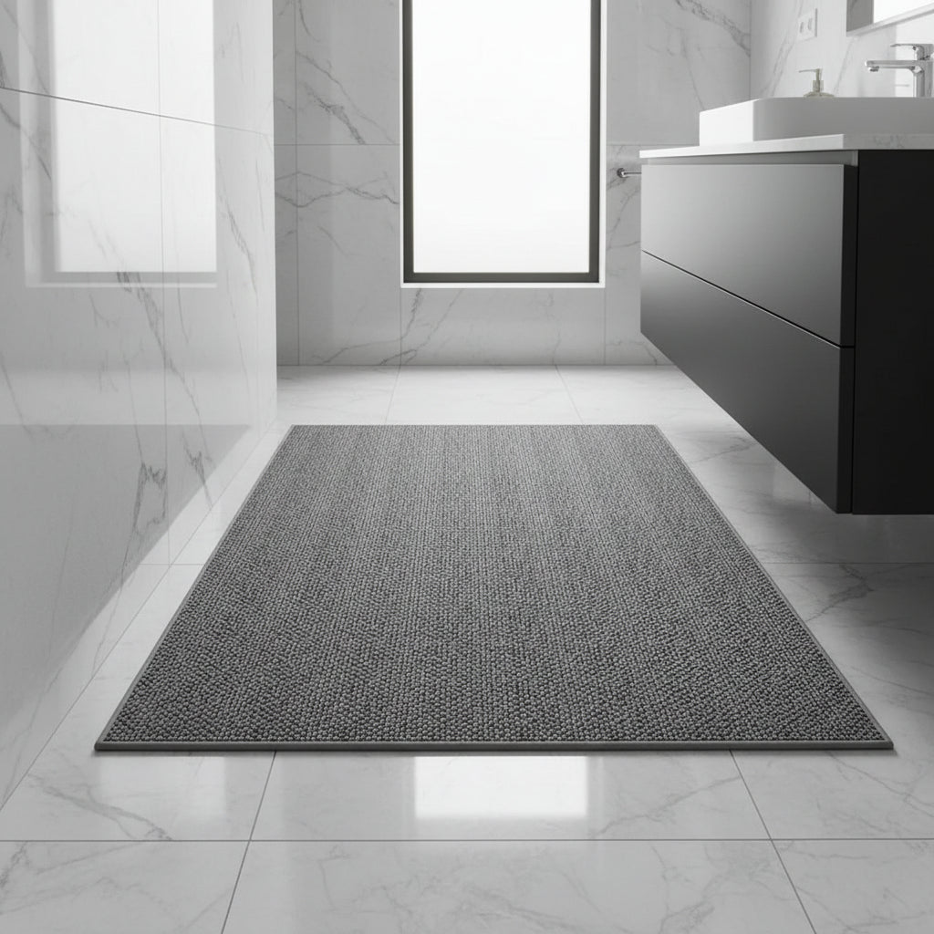 Gray woven mat in a bright marble bathroom