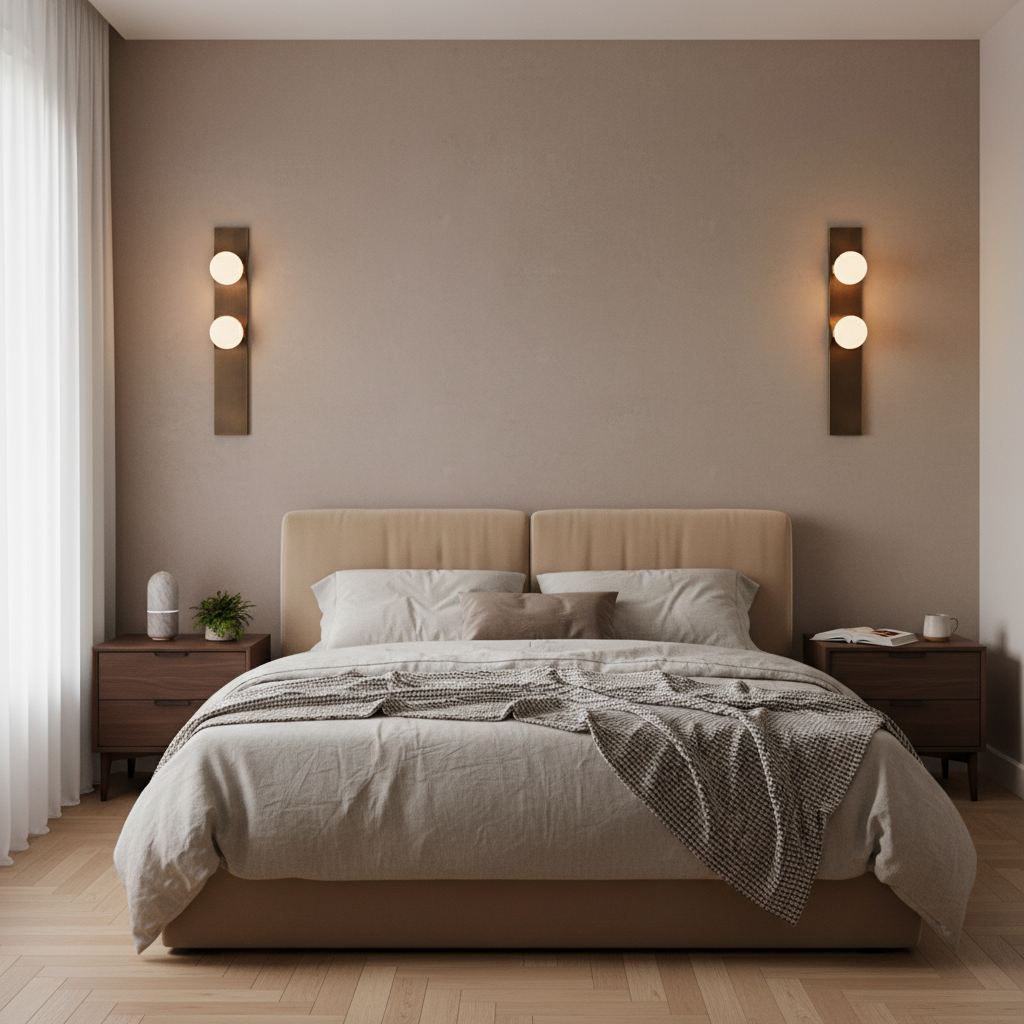 Pair of Lume Velato alabaster wall sconces lit above a bedside in a bedroom