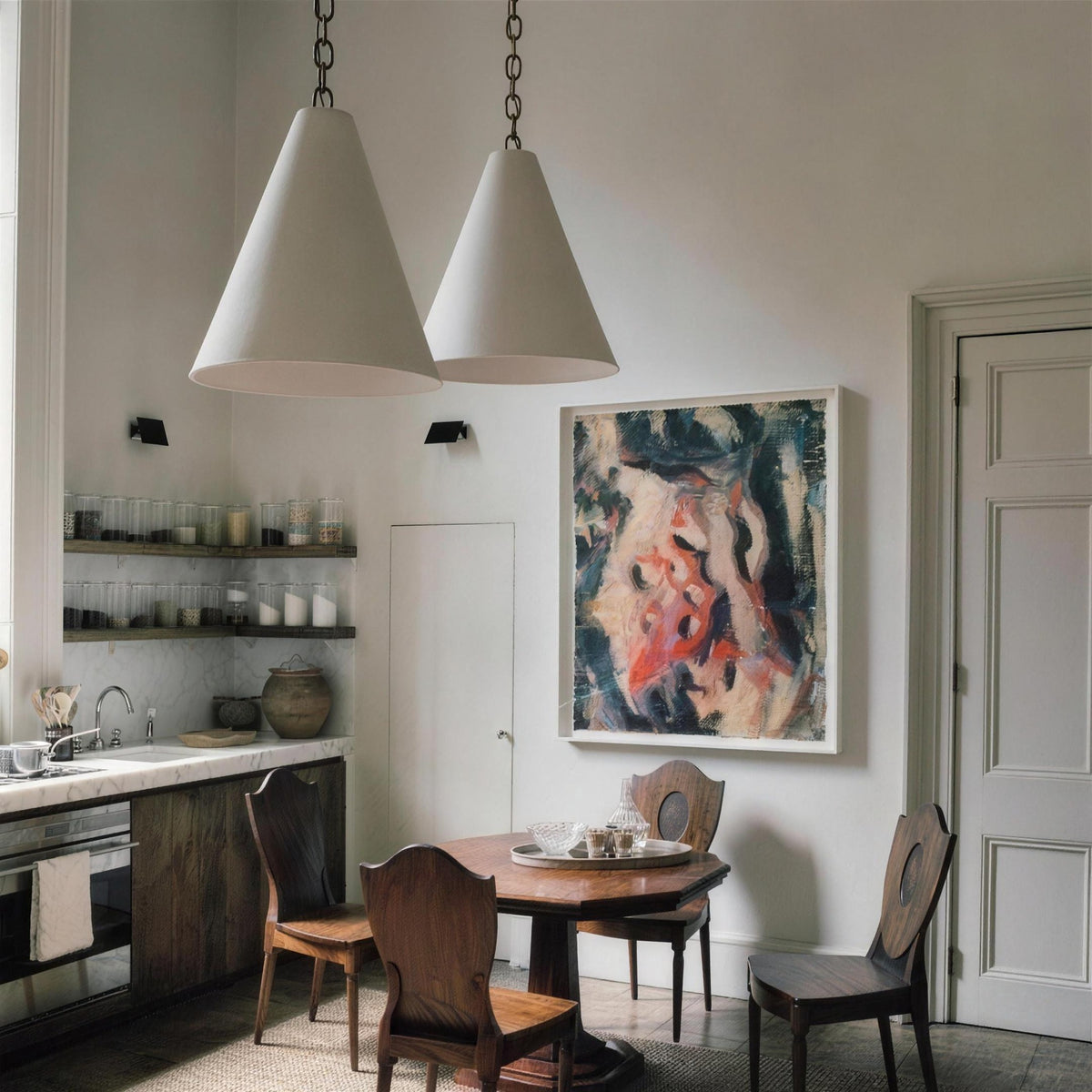 Pair of Calma Gessata plaster cone pendants in a gallery-style living space