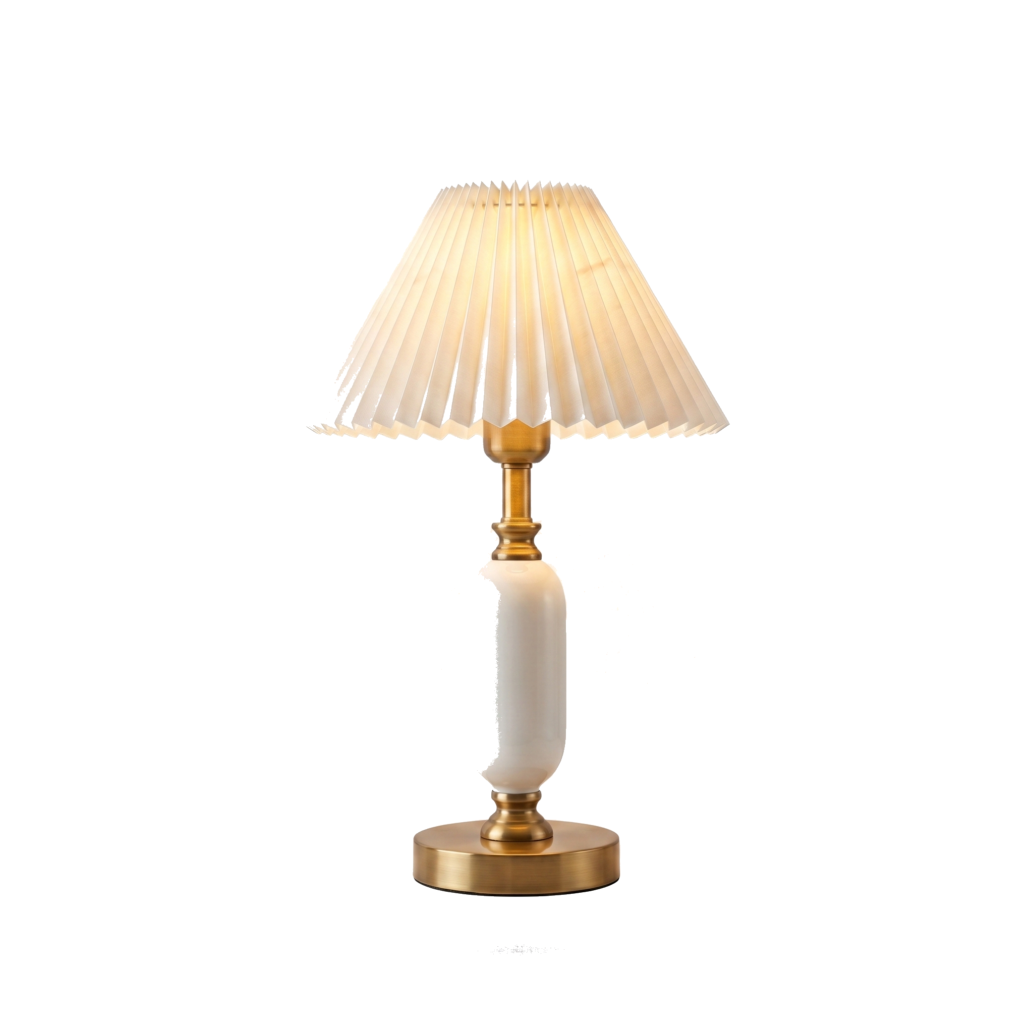 Camelia pleated table lamp, white shade and base, on white