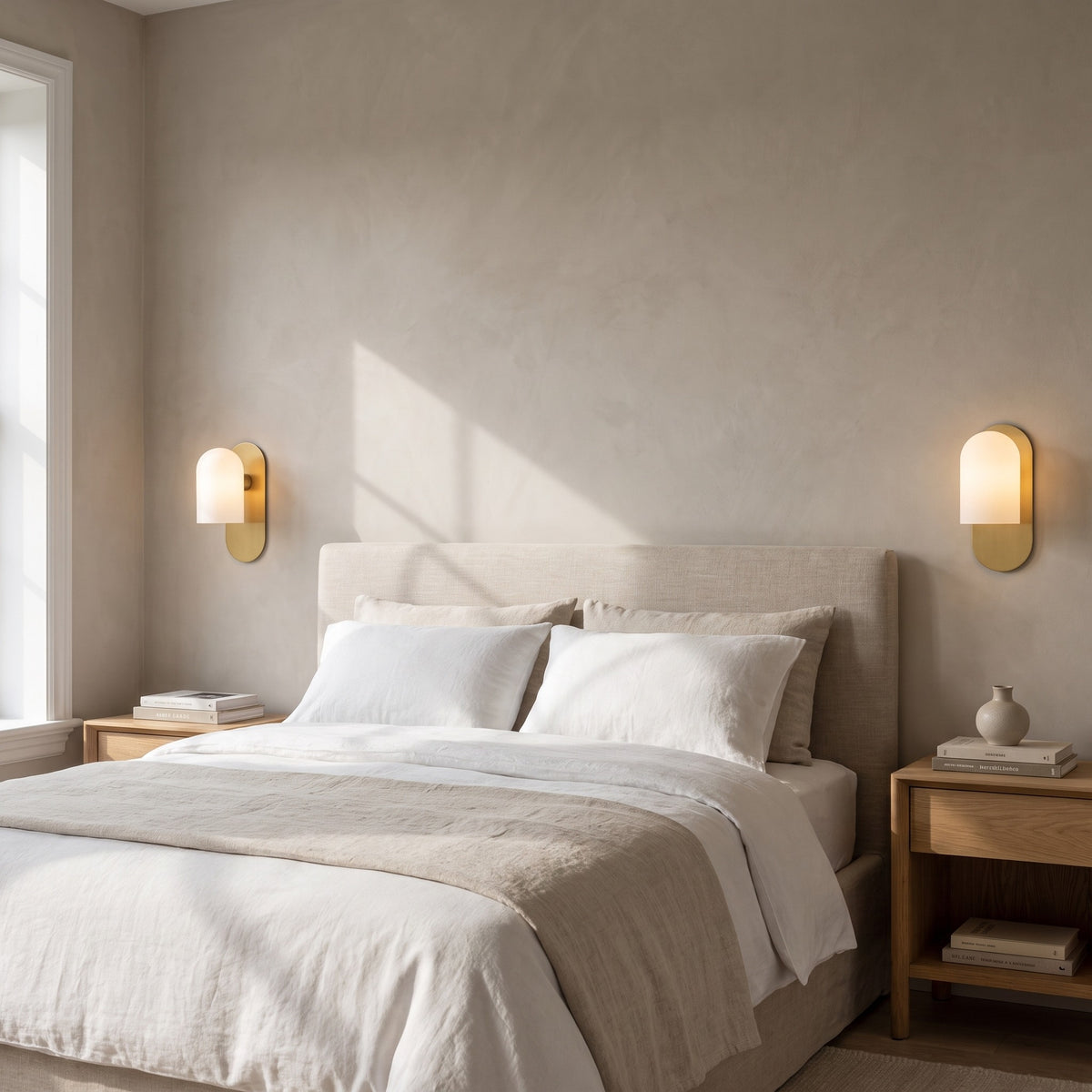 Pair of Capsula Opalina brass wall sconces flanking a linen bed