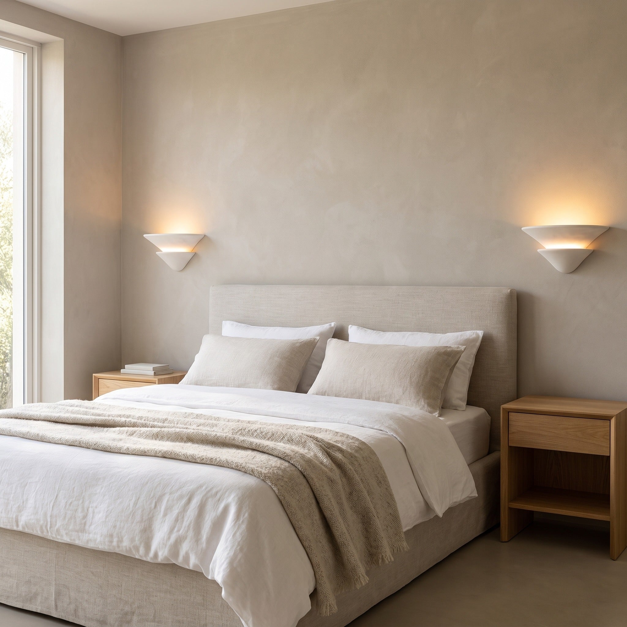 Pair of Coppa Serena alabaster wall sconces flanking a linen bed in a serene bedroom