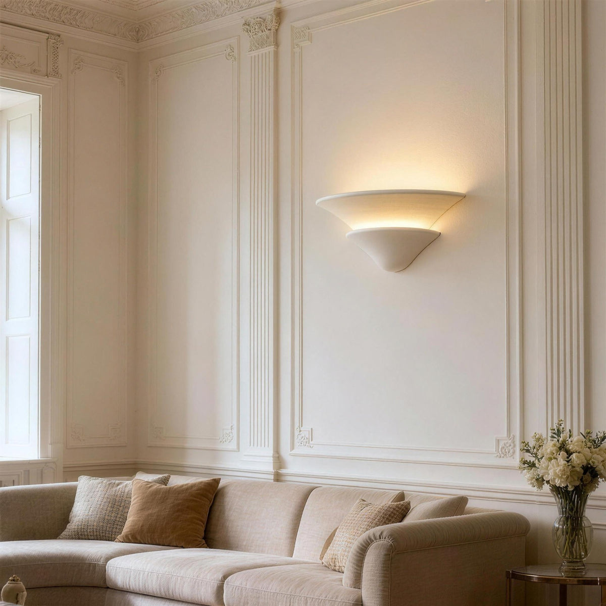 Coppa Serena alabaster wall sconce on a paneled living room wall above a sofa