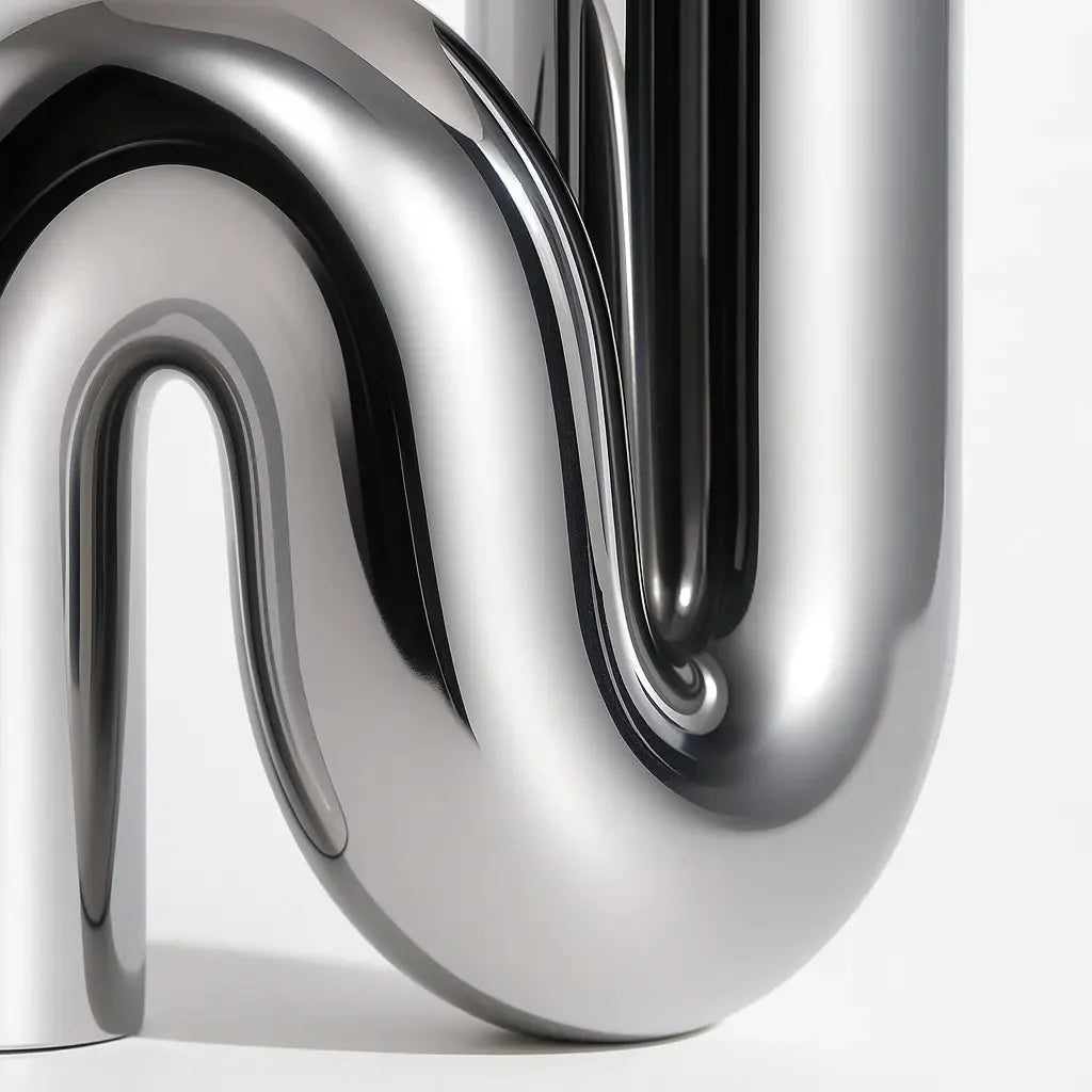 Ricciolo Lucente table lamp — polished mirror-chrome S-curl base detail