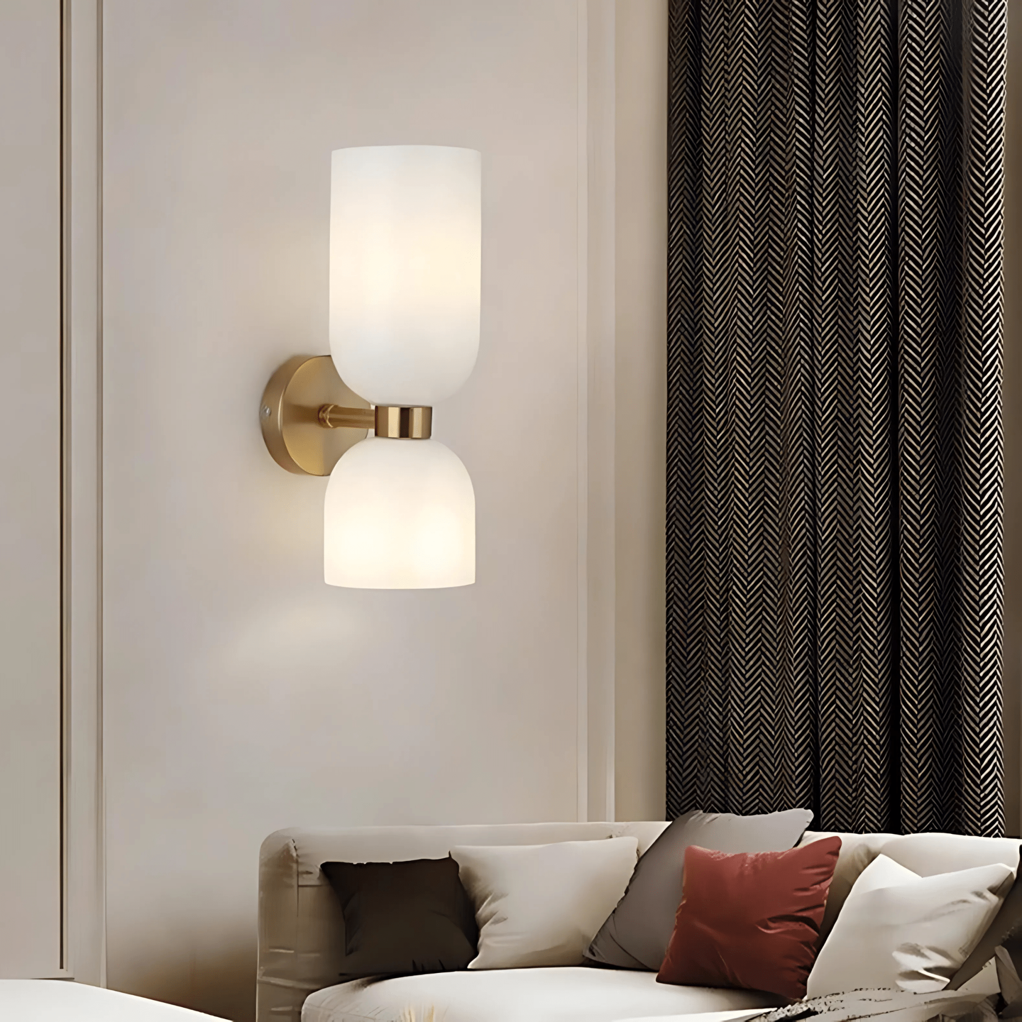 Milk White Duetto Glass Wall Sconce over a sofa
