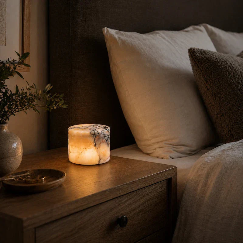 Pietra Lunare marble lamp glowing warm on a bedroom nightstand