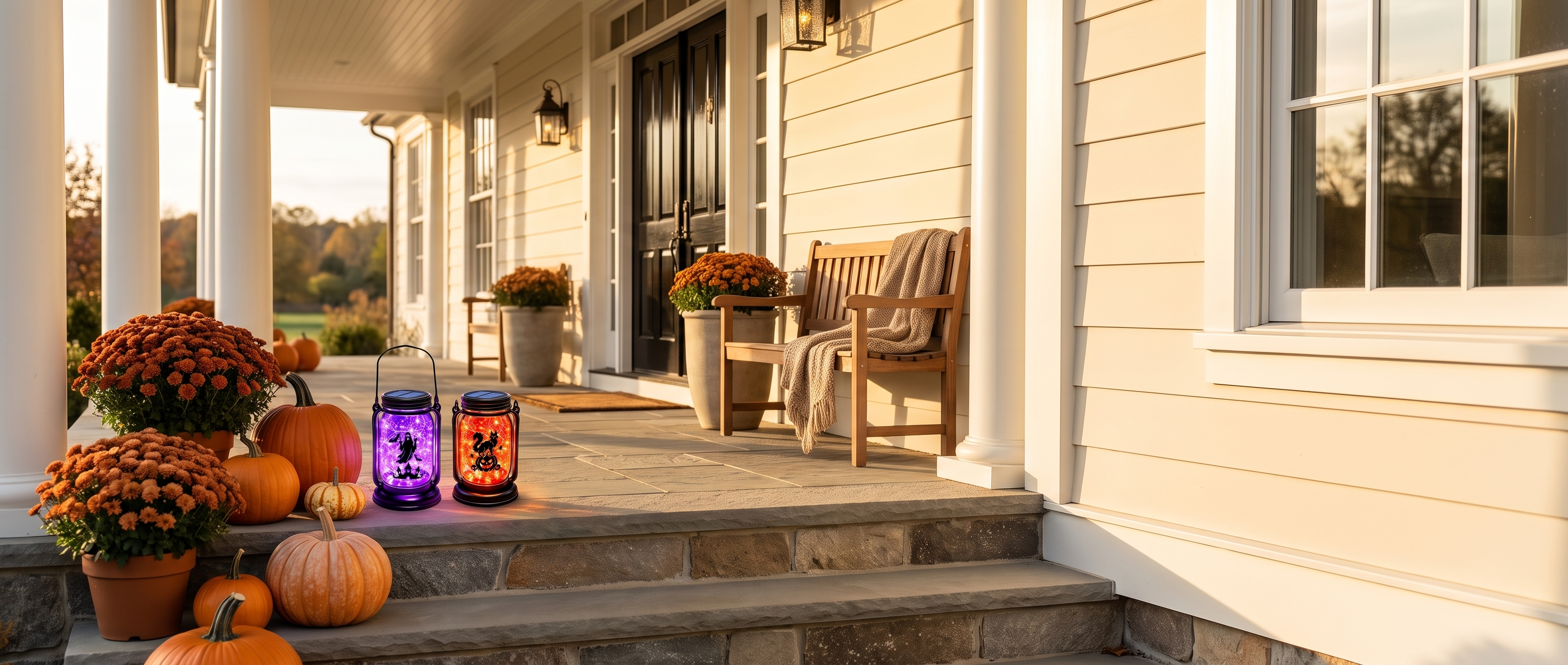 Fiaba Notturna ghost and cat pumpkin solar mason jar lanterns on colonial porch steps at golden hour