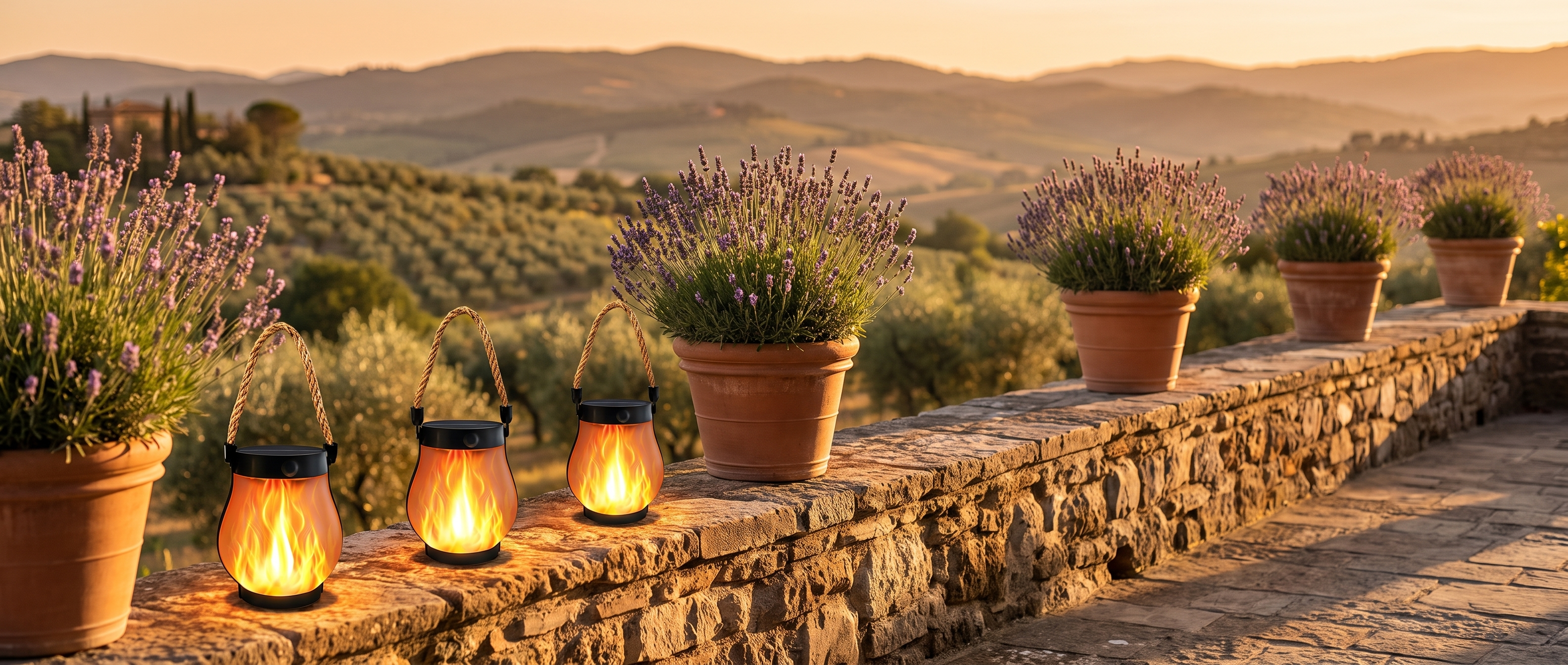 Three flickering flame solar lanterns on a Tuscan stone terrace wall at golden hour