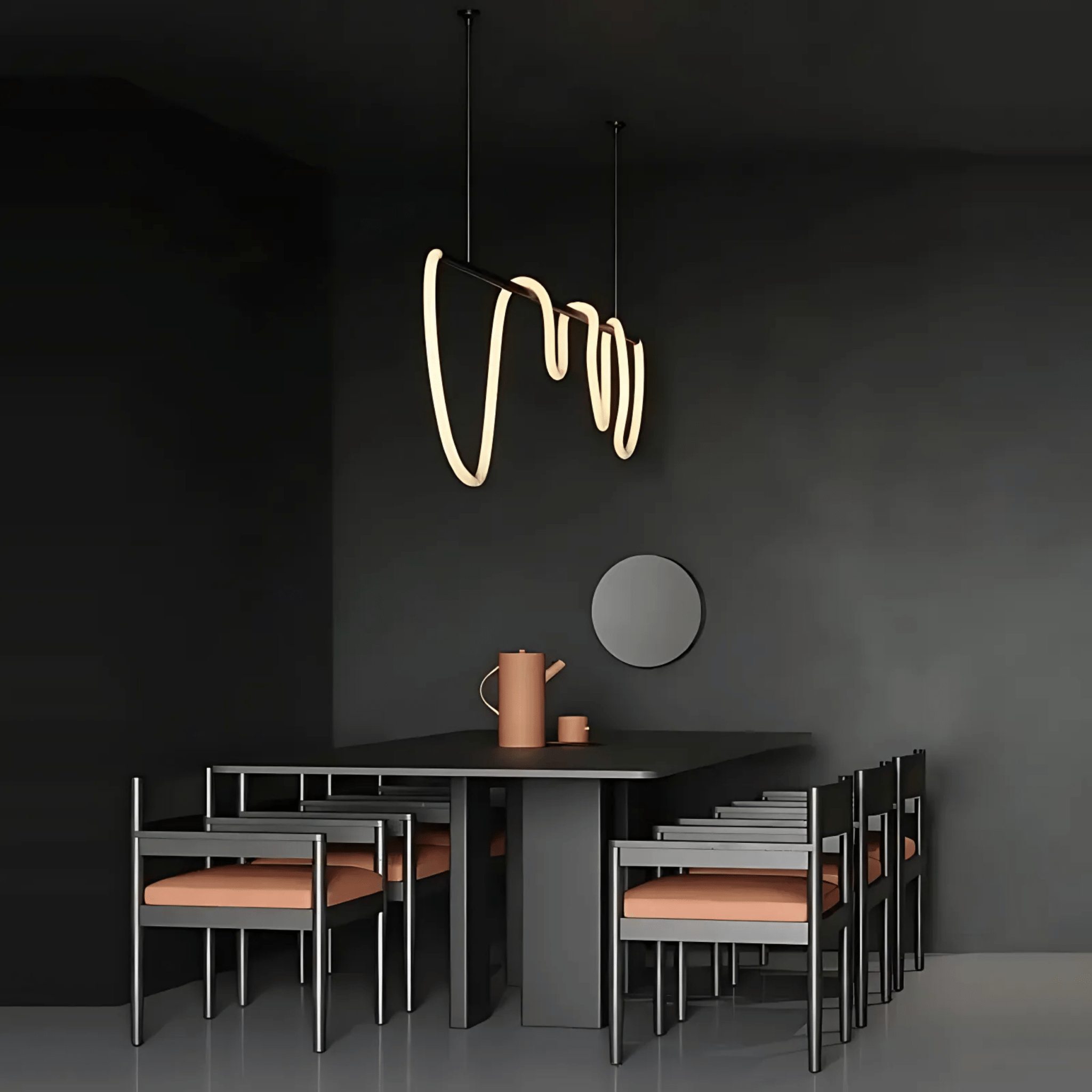 Black Onda chandelier in a dramatic modern dining room
