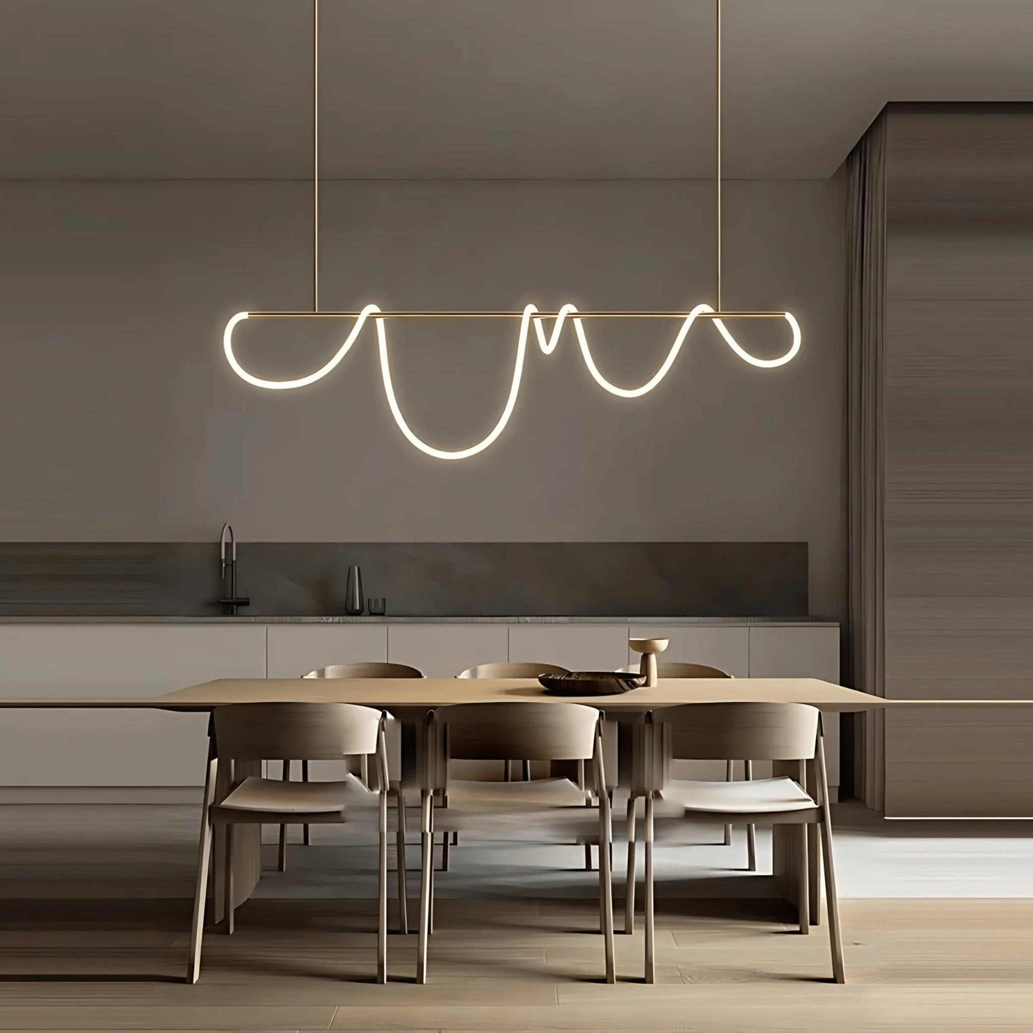 Brass Onda chandelier over a dining table in a modern interior