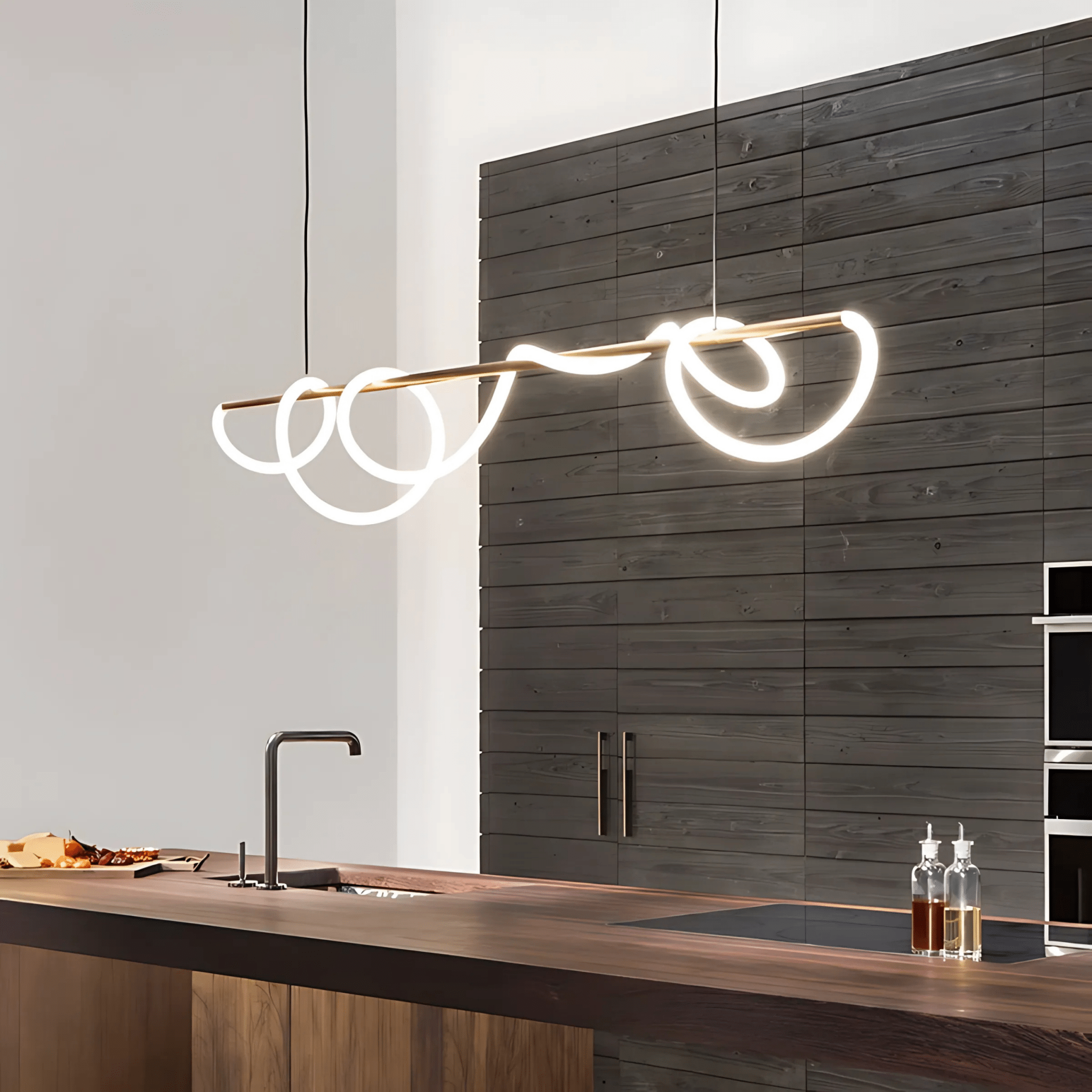 Brass Onda chandelier over a walnut kitchen island