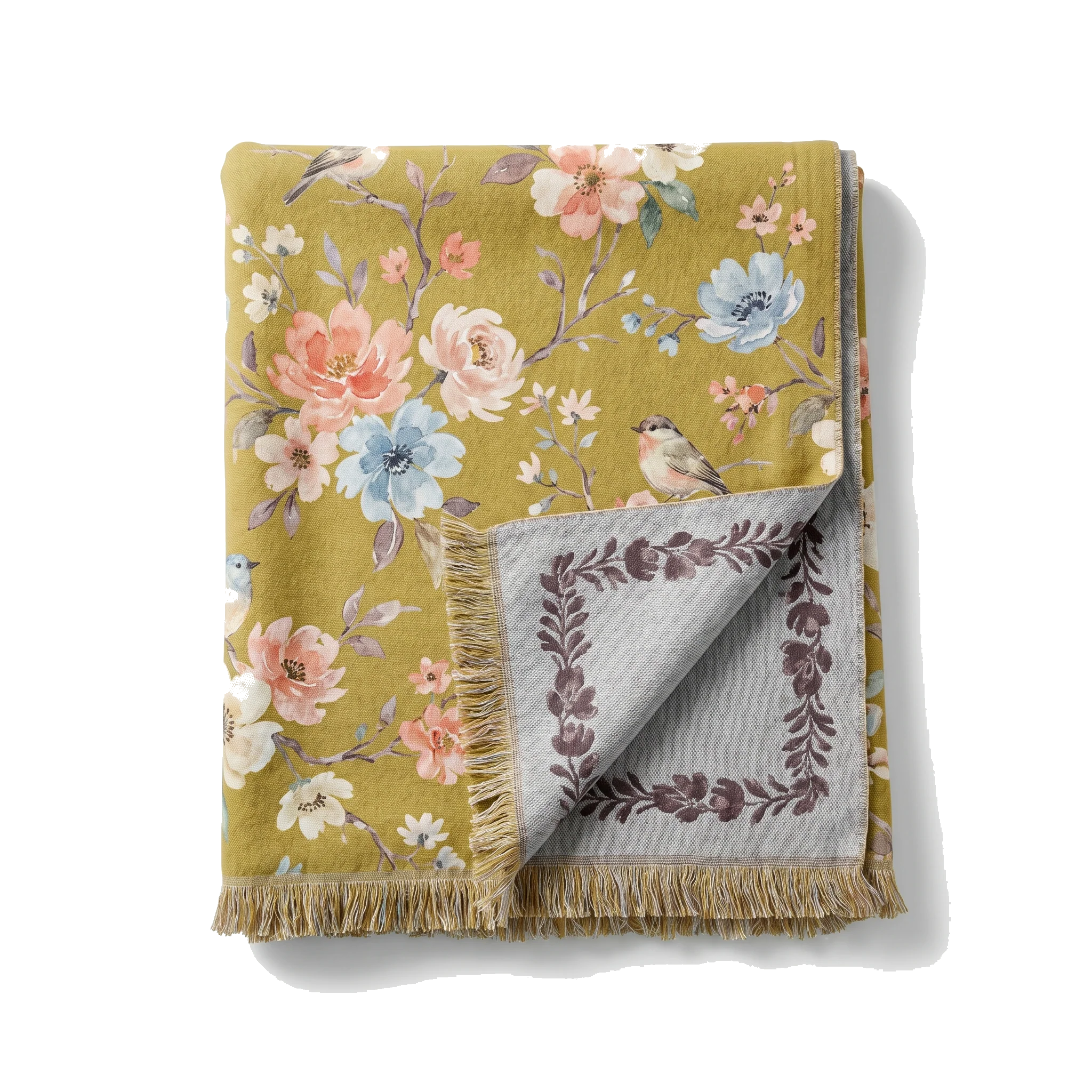 Boho garden bird floral cotton throw blanket, mustard floral front with fringe, on a pure white background