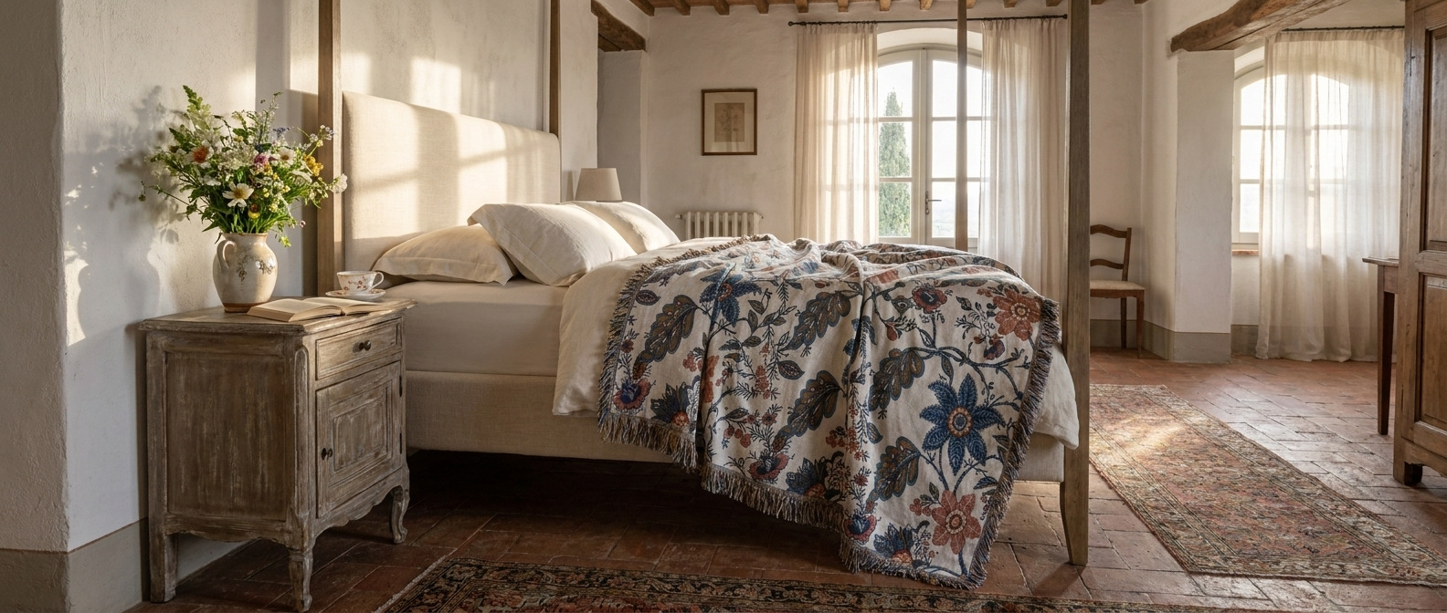 Fiorenza Botanica Floral Cotton Blanket - Romantic Tuscan Bedroom