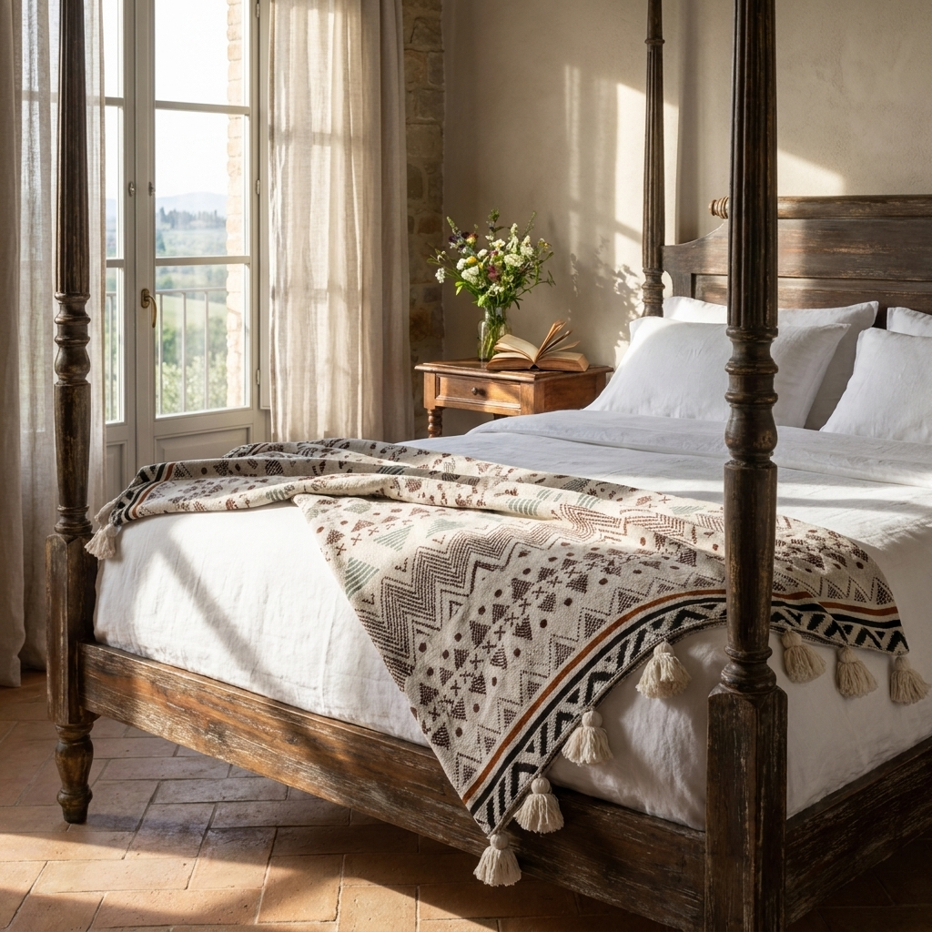 Carezza Mediterranea Throw Blanket - Cream - Tuscan Bedroom at Foot of Bed