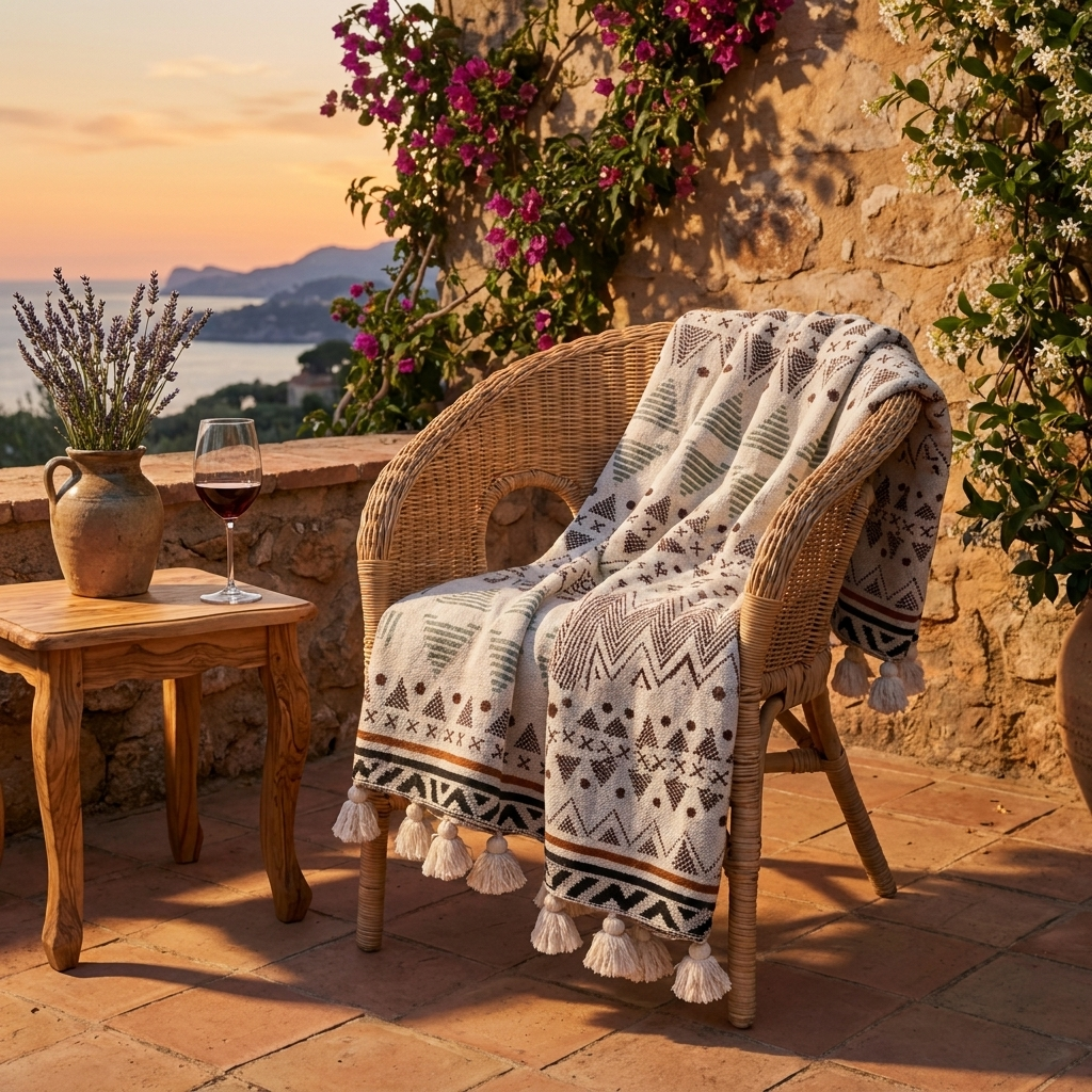Carezza Mediterranea Throw Blanket - Cream - Outdoor Italian Terrace at Sunset
