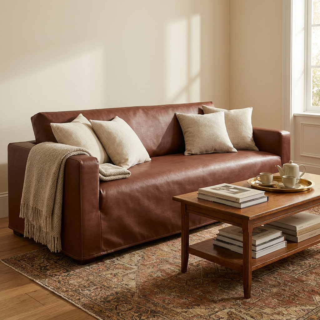 Pelletteria Morbida Faux Leather Sofa Cover - Cognac - Cozy Family Room with Pillows
