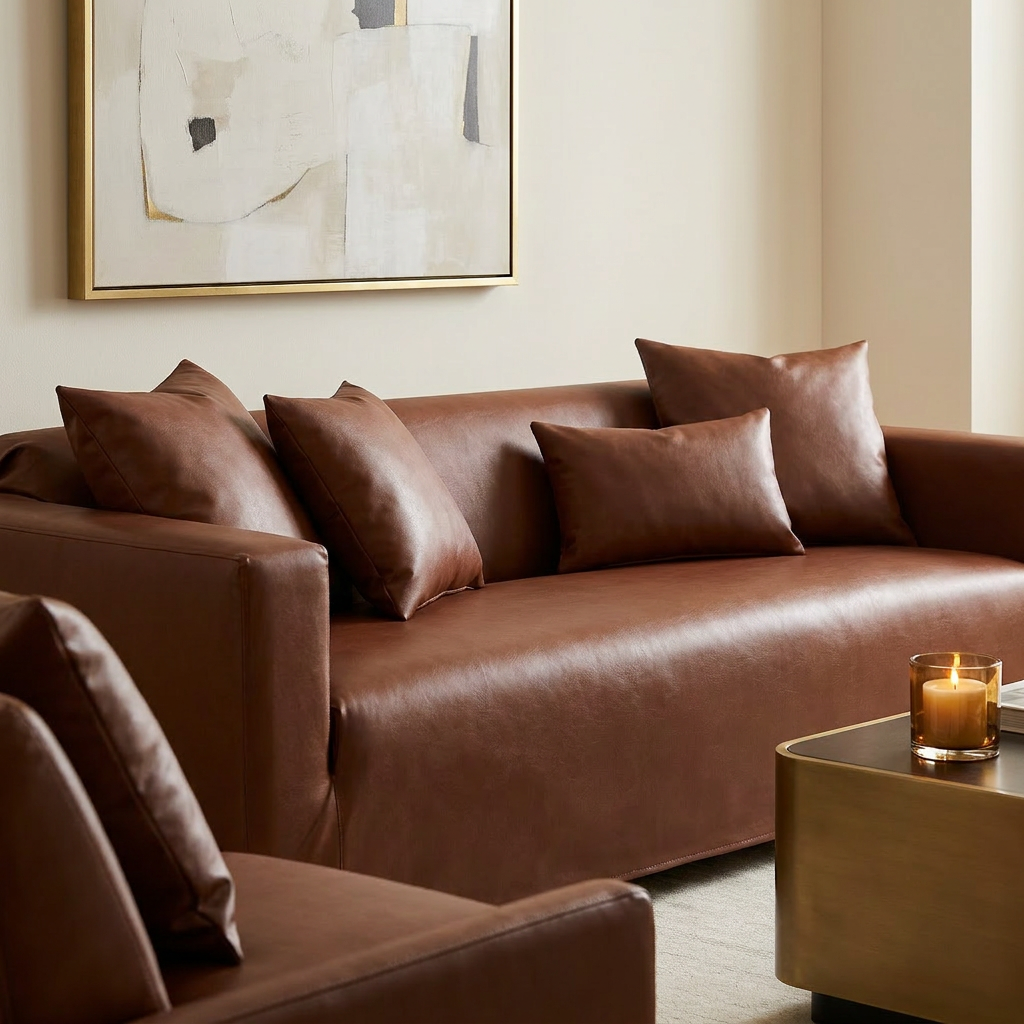 Pelletteria Morbida Faux Leather Sofa Cover - Cognac - Matching Pillowcases Styled