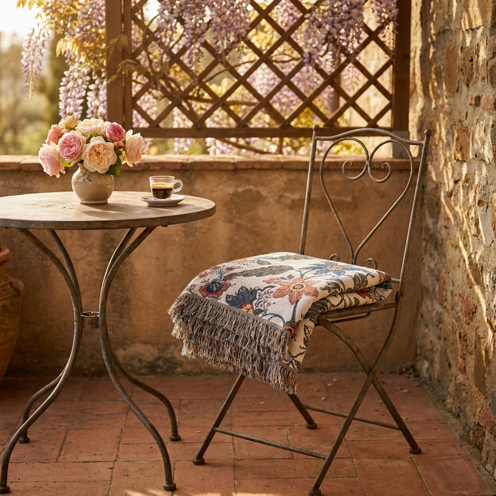 Fiorenza Botanica Floral Cotton Throw Blanket - Botanical Pattern - Outdoor Cafe Veranda
