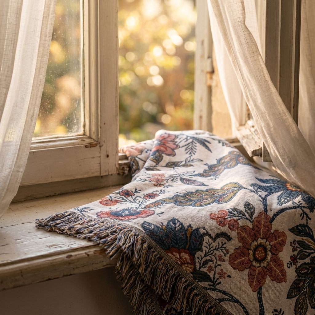 Fiorenza Botanica Floral Cotton Throw Blanket - Botanical Pattern - Pattern Detail Window Light