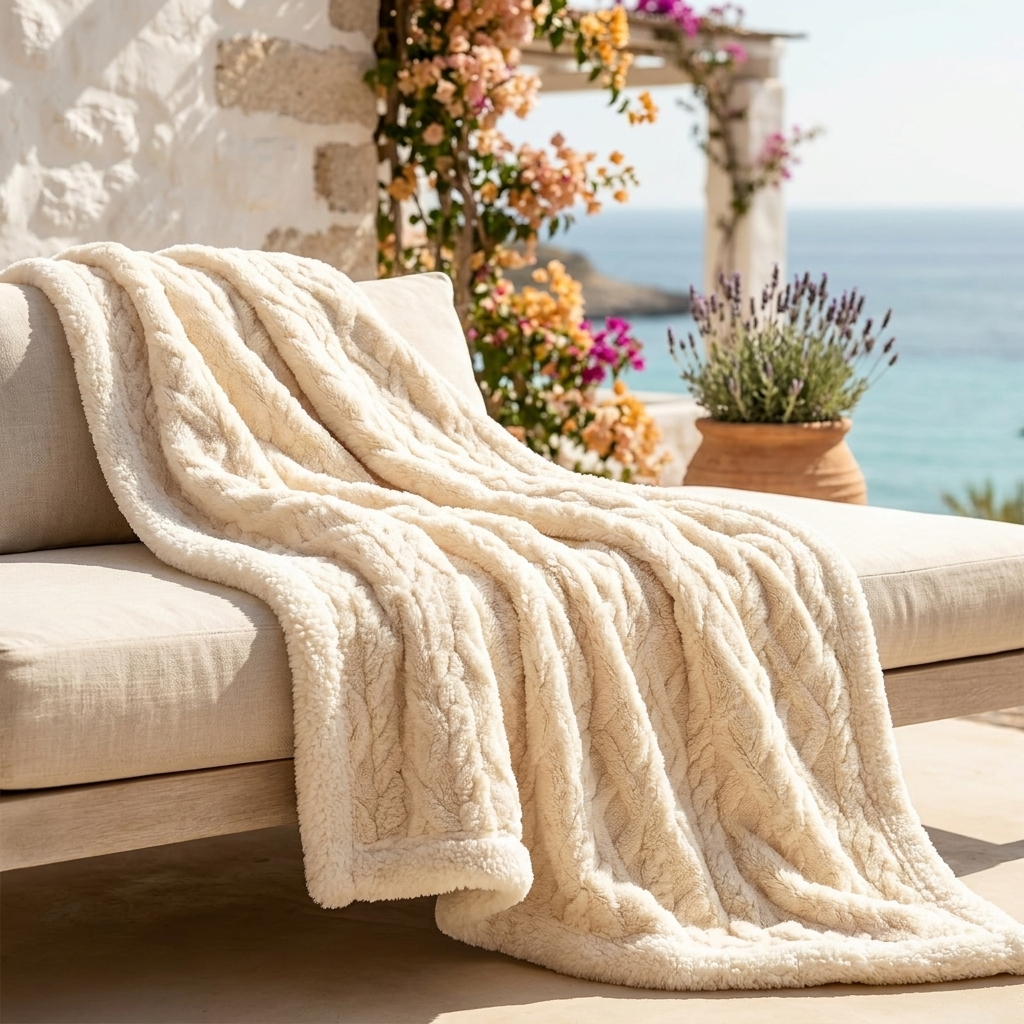 Coccola Velluto Italian Sherpa Throw Blanket - Creamy White - Mediterranean Villa Terrace