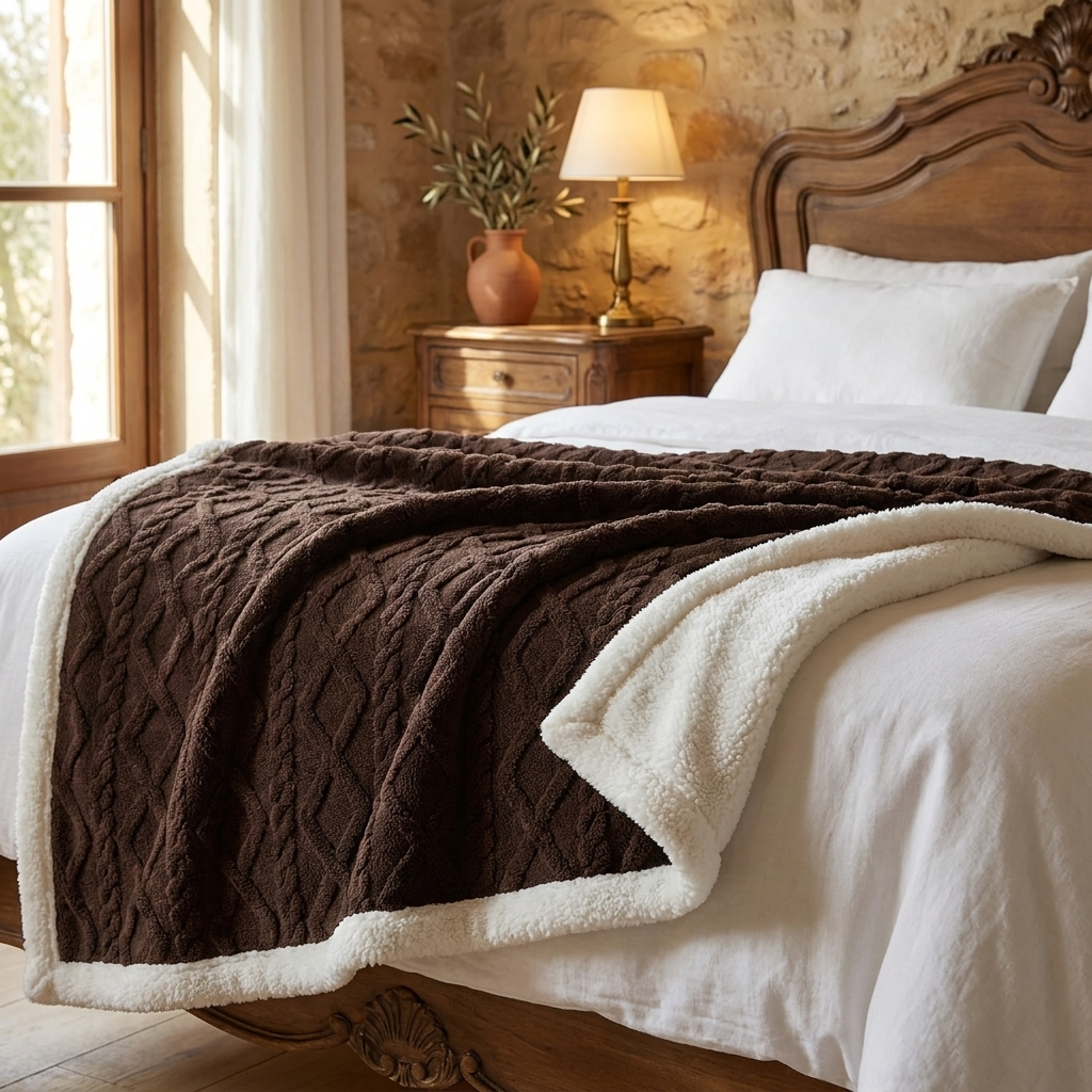 Coccola Velluto Italian Sherpa Throw Blanket - Espresso - Tuscan Farmhouse Bedroom