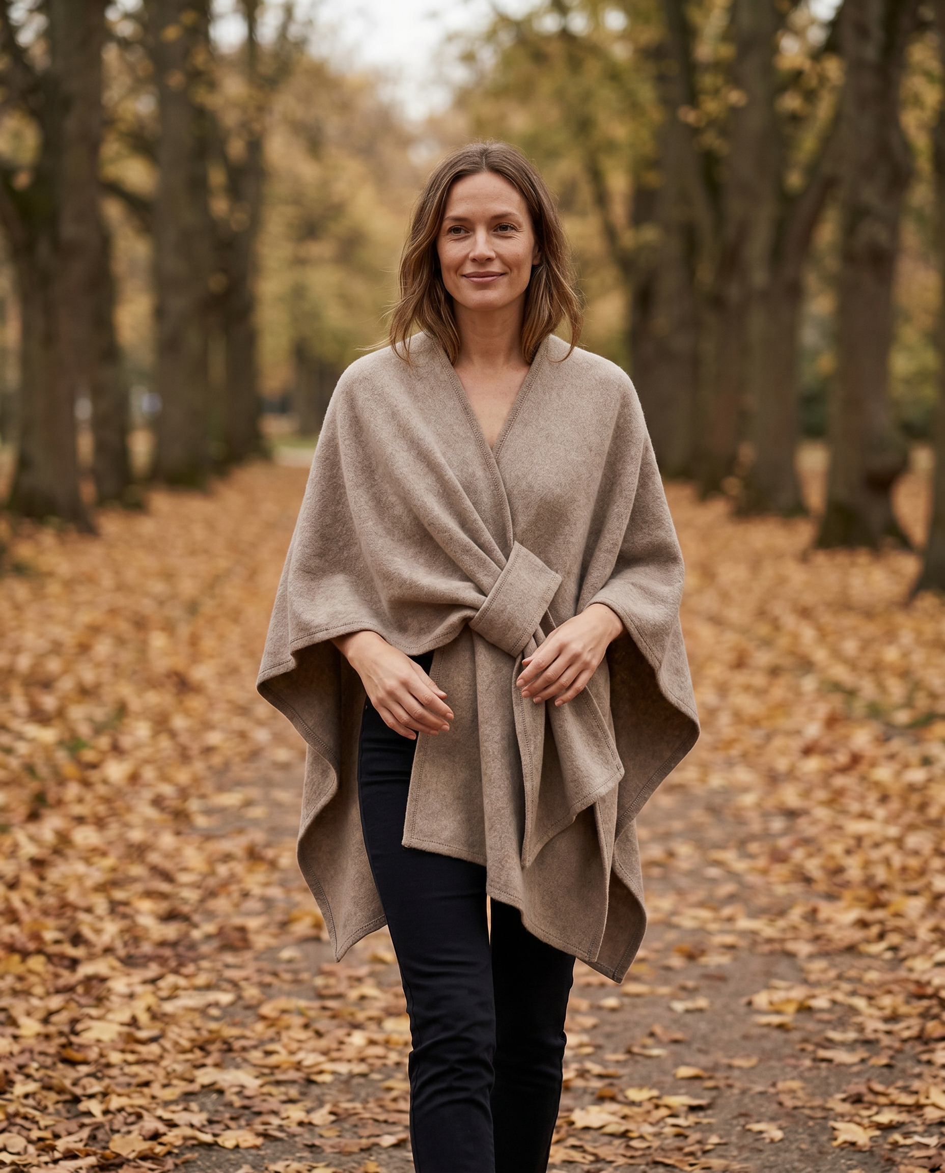 Woman wearing taupe Tepore d'Inverno windproof poncho shawl coat on an autumn path