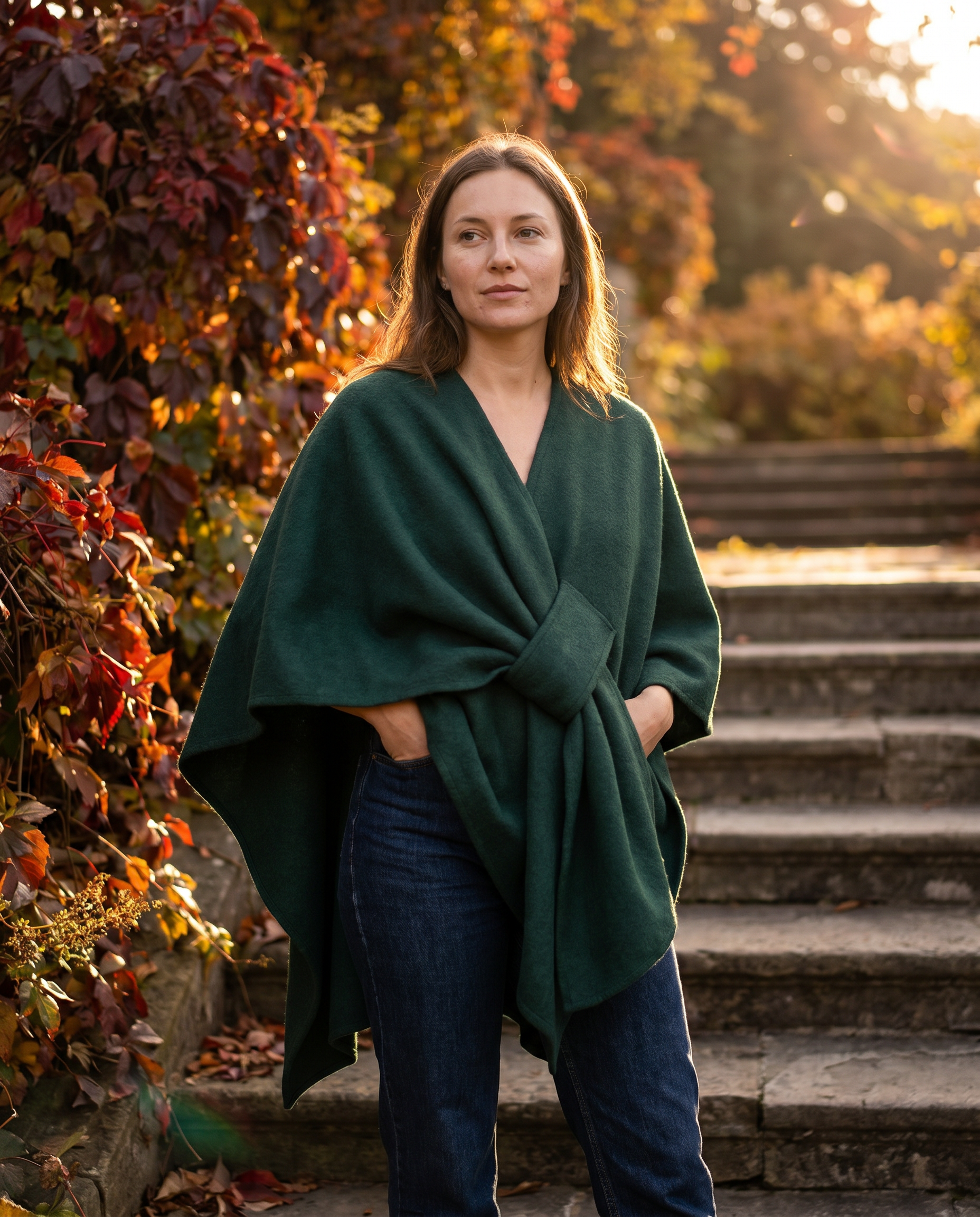 Woman wearing dark green Tepore d'Inverno windproof poncho shawl coat on stone steps at golden hour