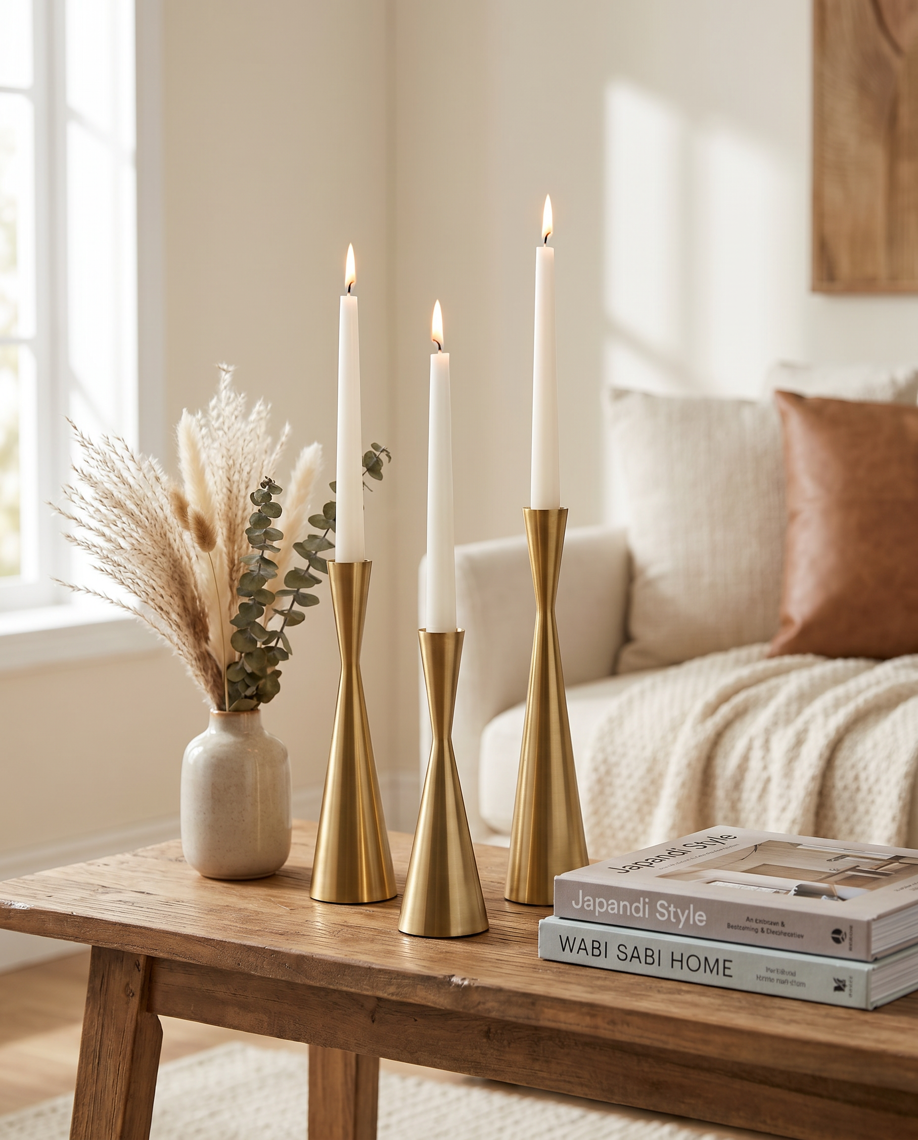 Brass Fiamma Nordica candlestick trio styled on a console table with lit candles