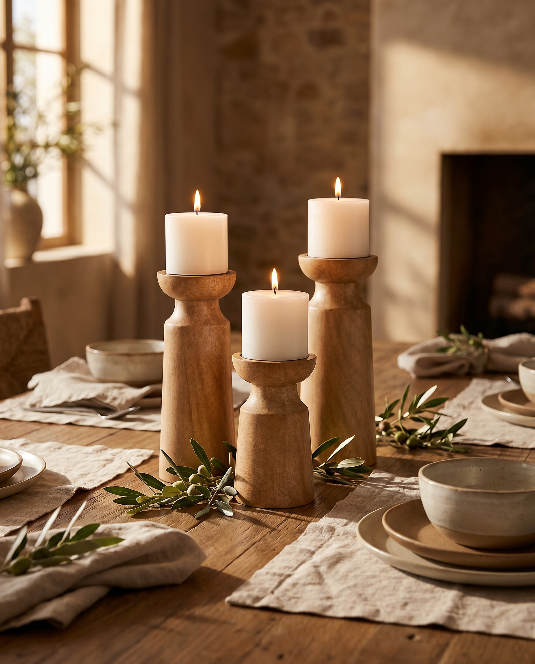 Calore Rustico carved wood candle holders as a rustic dining table centerpiece with lit candles