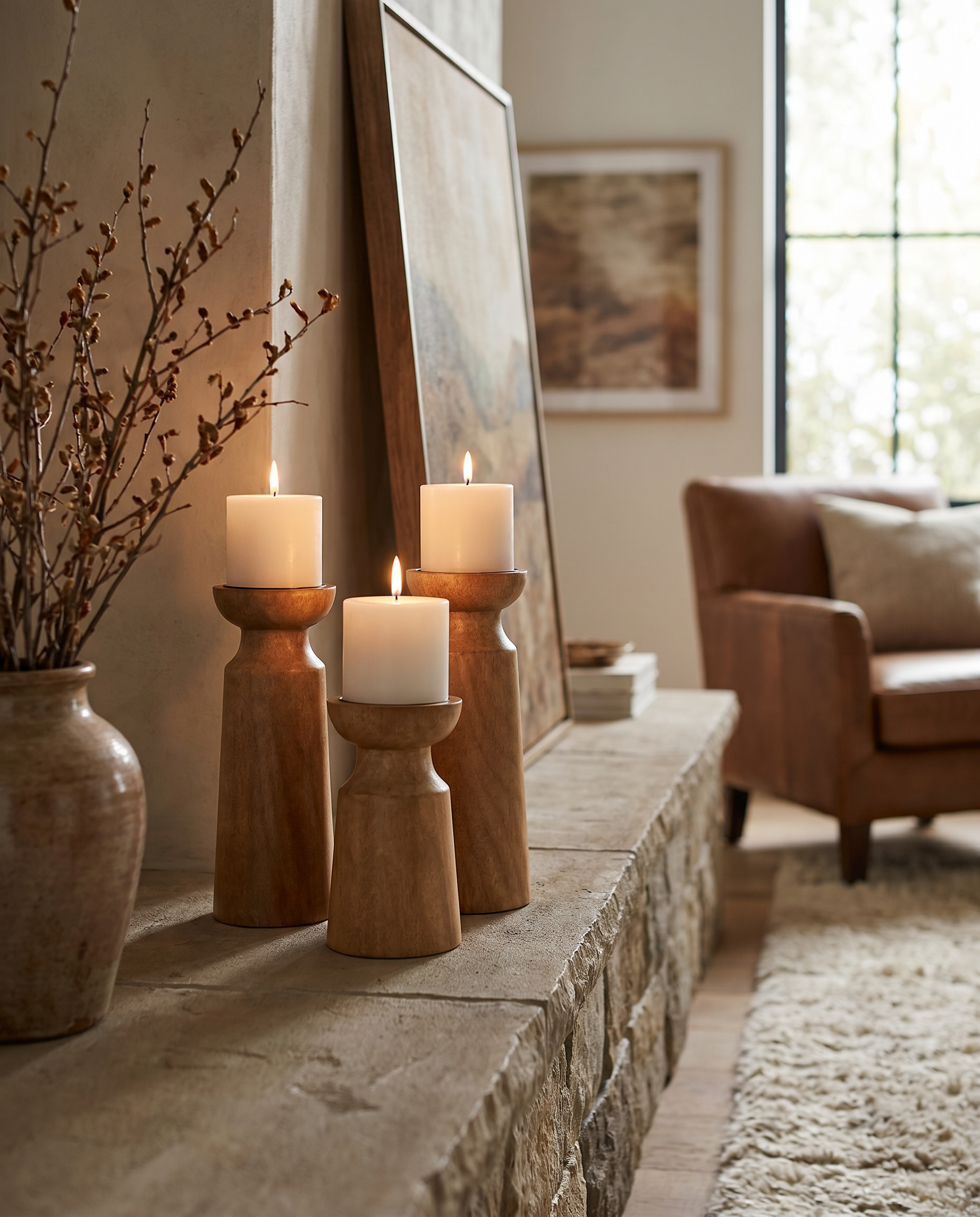 Calore Rustico carved wood candle holders on a fireplace mantel with lit candles