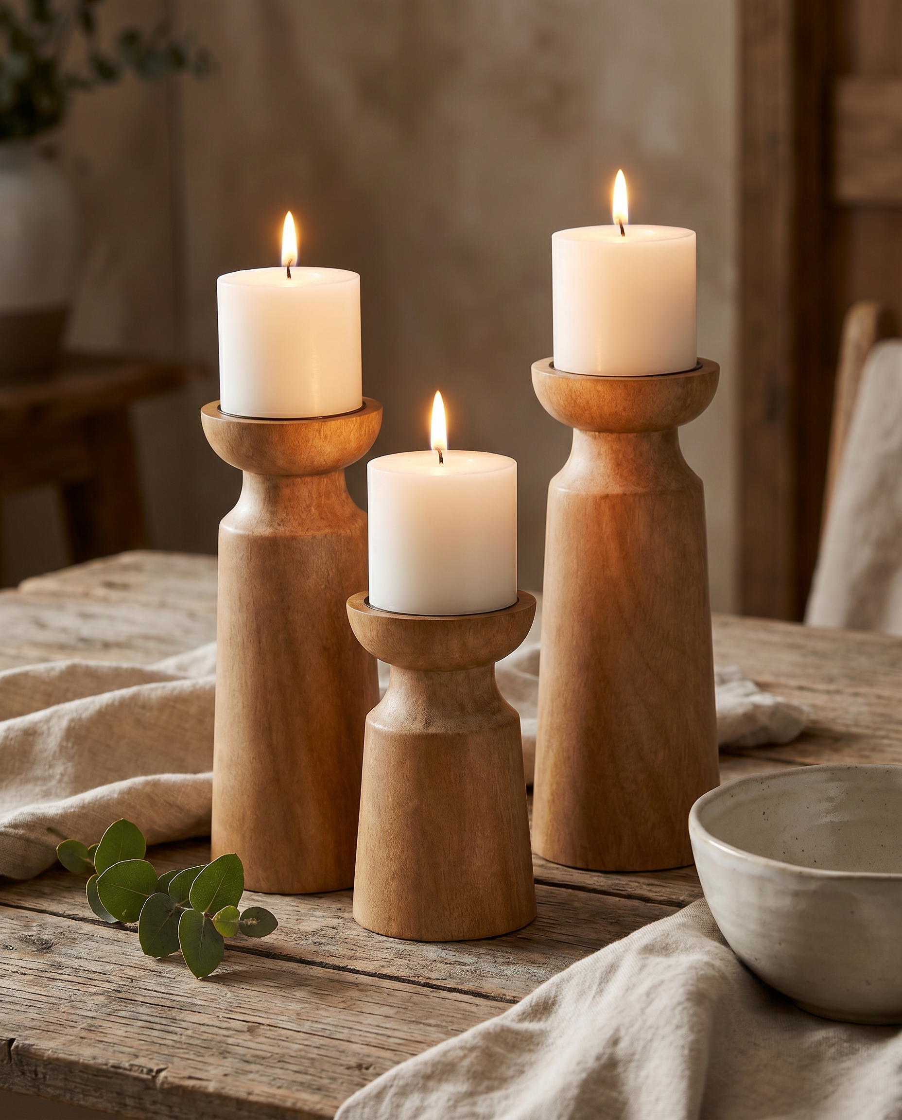 Calore Rustico carved wood candle holders close styled vignette with lit candles