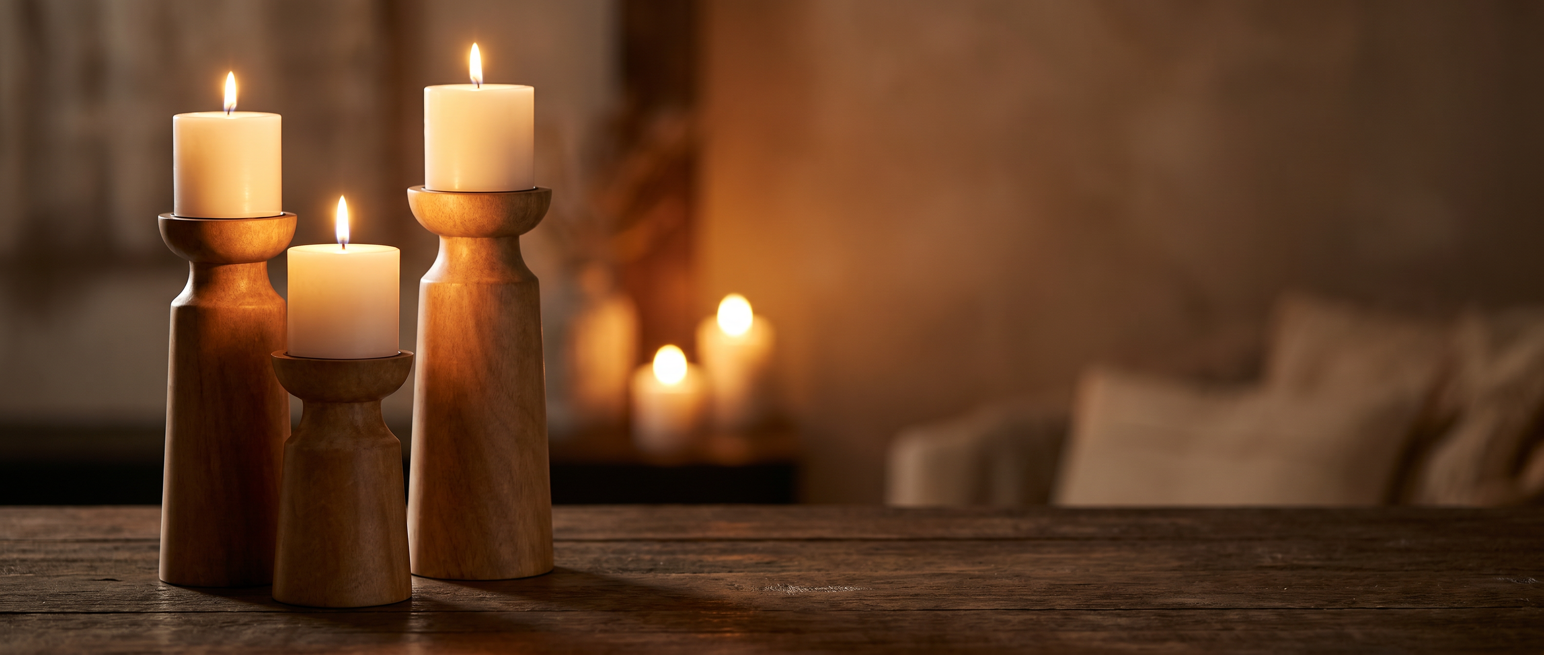 Calore Rustico carved wood candle holders with lit candles, evening campaign banner