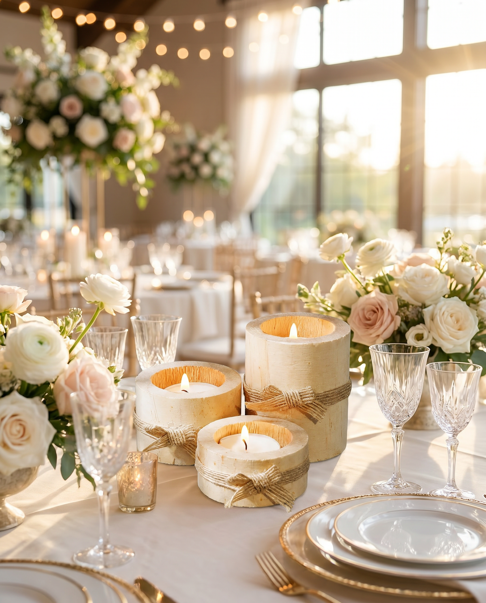 Handcrafted bamboo candle holder trio as a wedding reception table centerpiece