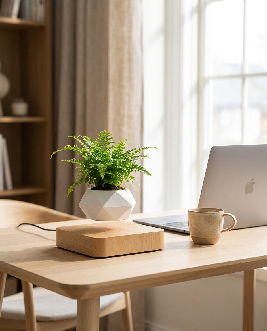 Orbita Verde Floating Planter - Light Maple - Home Office Desk