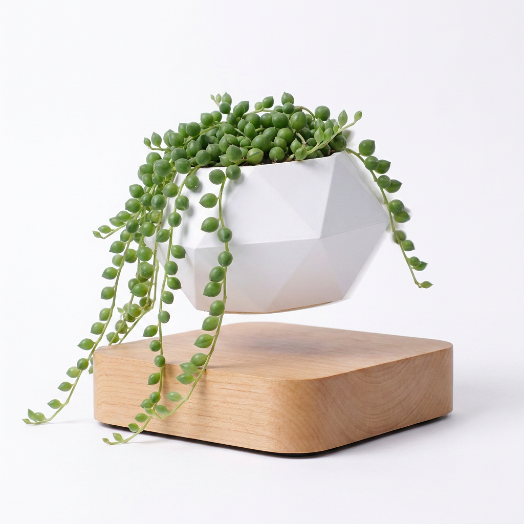 Orbita Verde Floating Planter - Light Maple - White Background