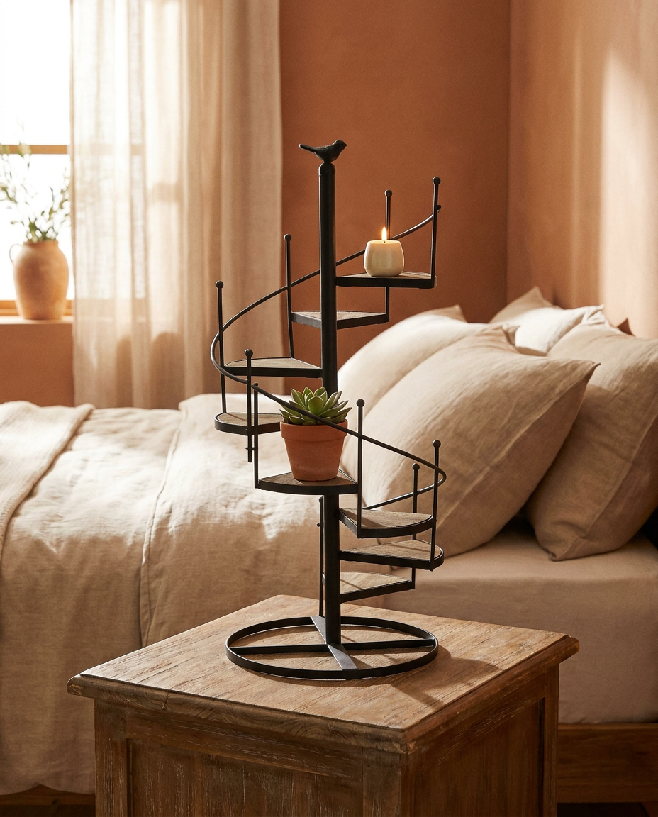 Voluta Botanica - Black - Bedroom nightstand with a potted plant and candle