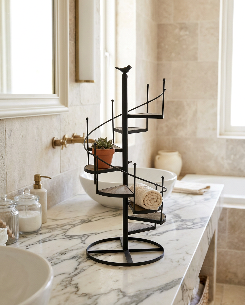 Voluta Botanica - Black - Marble bathroom vanity with a succulent and rolled towel