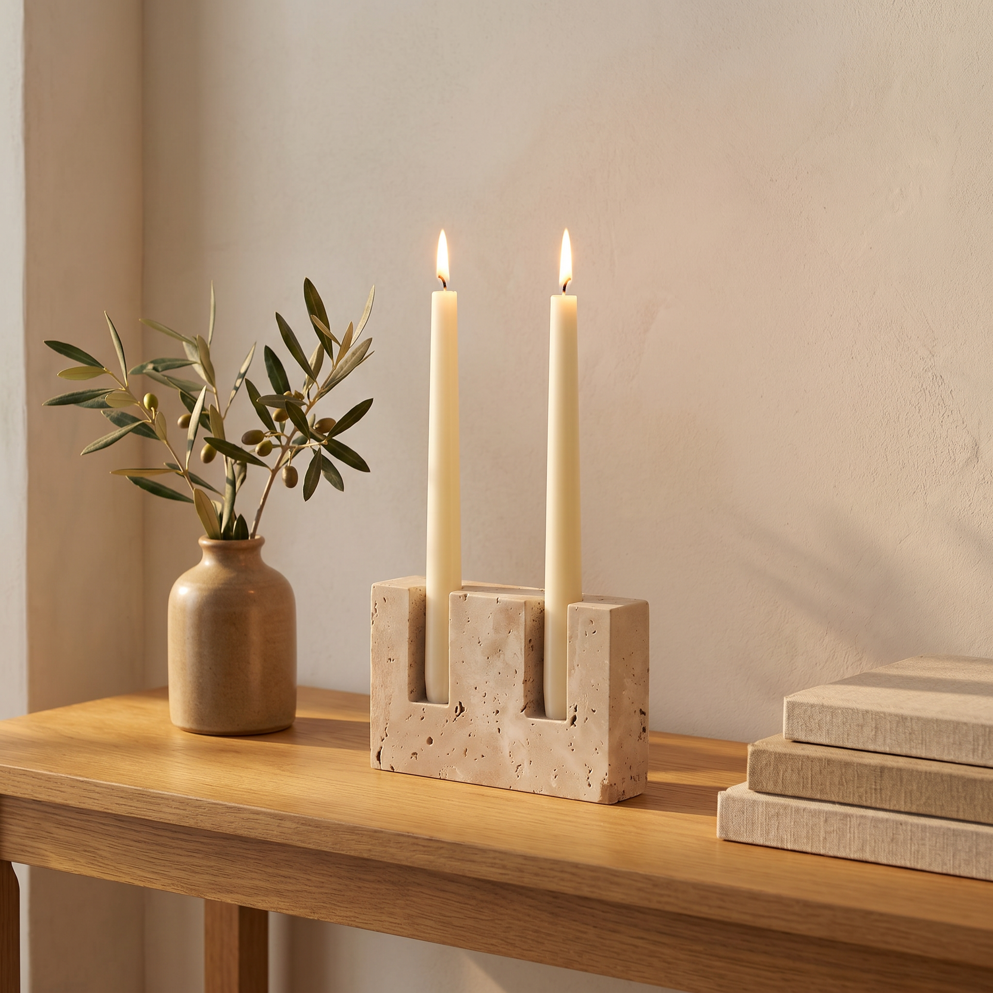 Polished travertine taper candle stand on a warm console table with lit candles