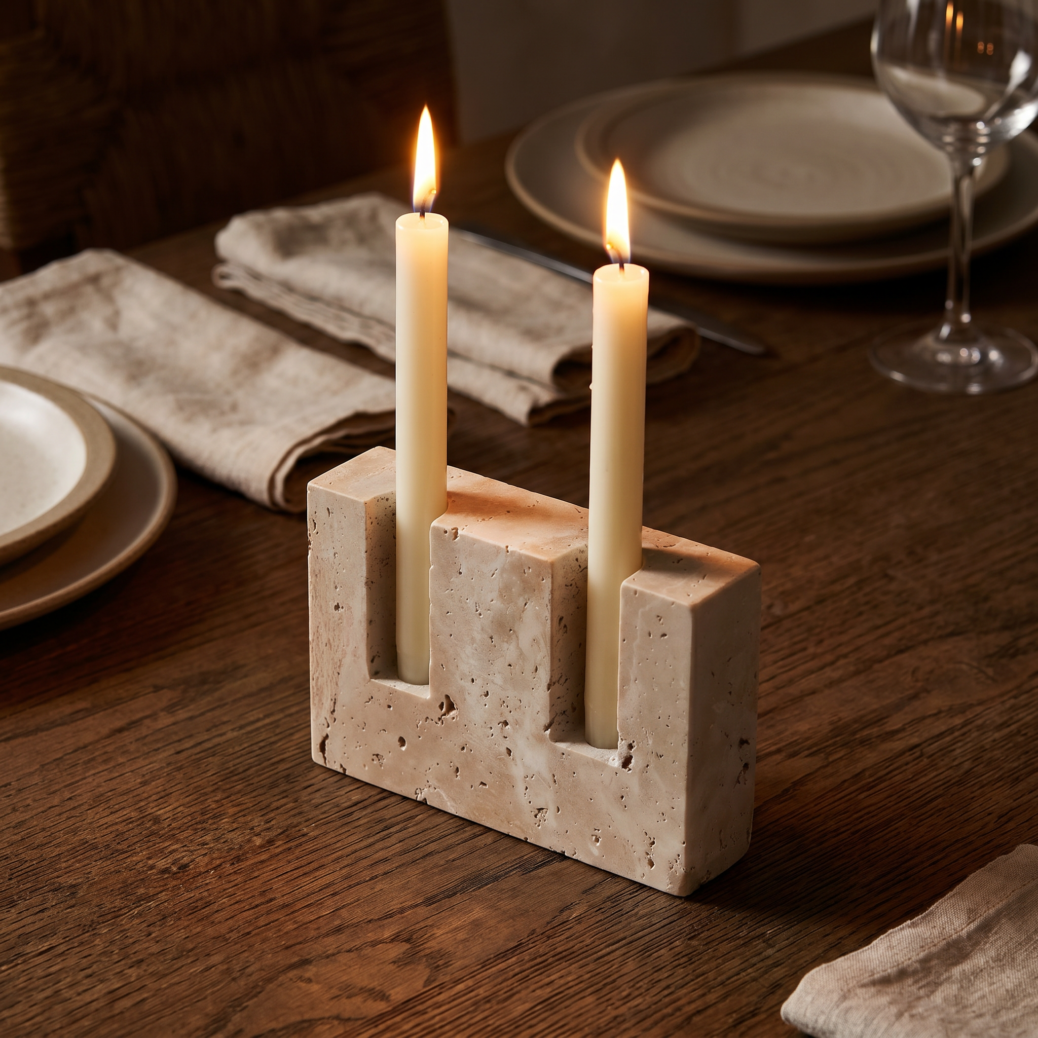 Polished travertine candle holder centerpiece on an intimate candlelit dining table