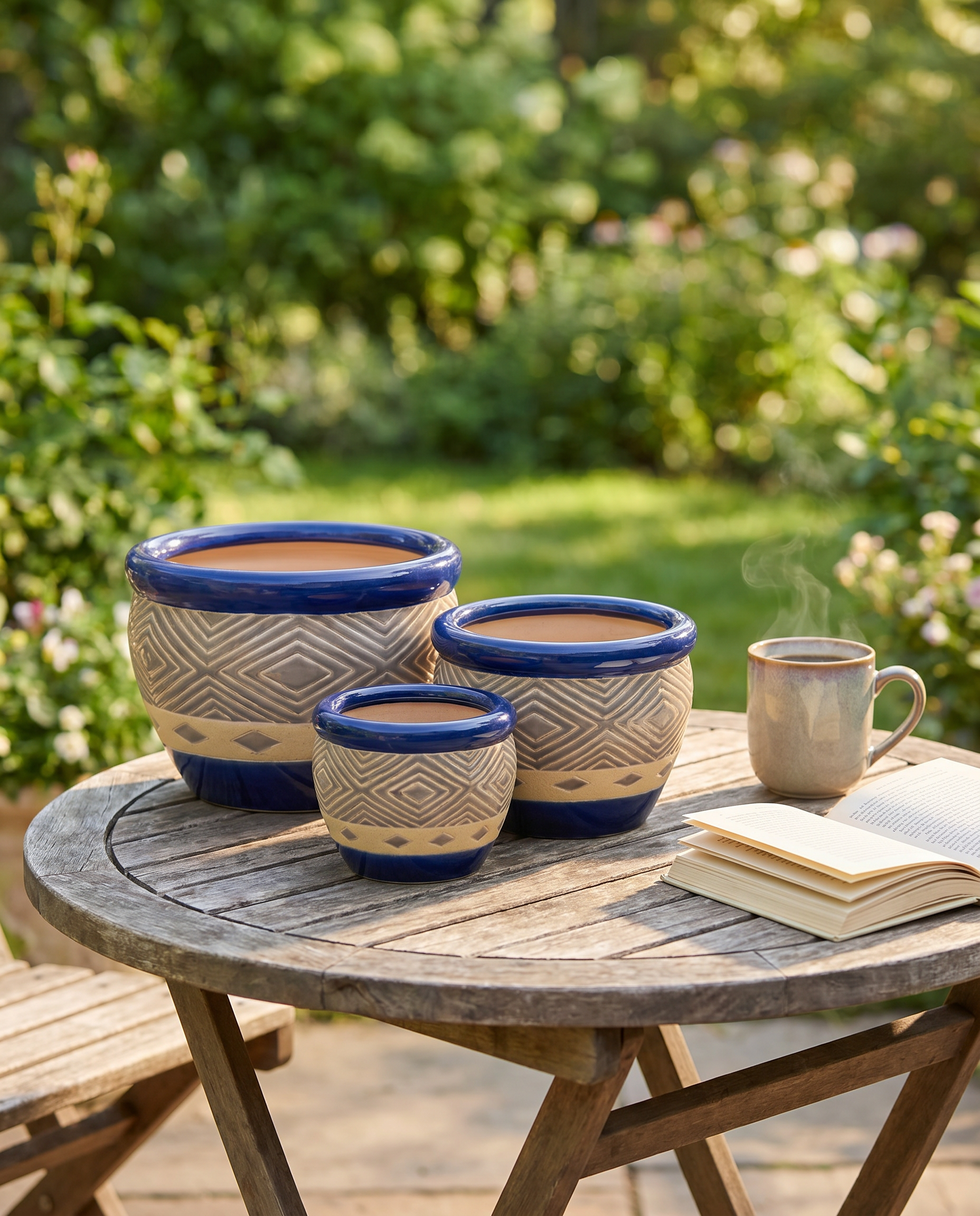 Cobalt blue ceramic planter trio on an outdoor patio bistro table in morning light
