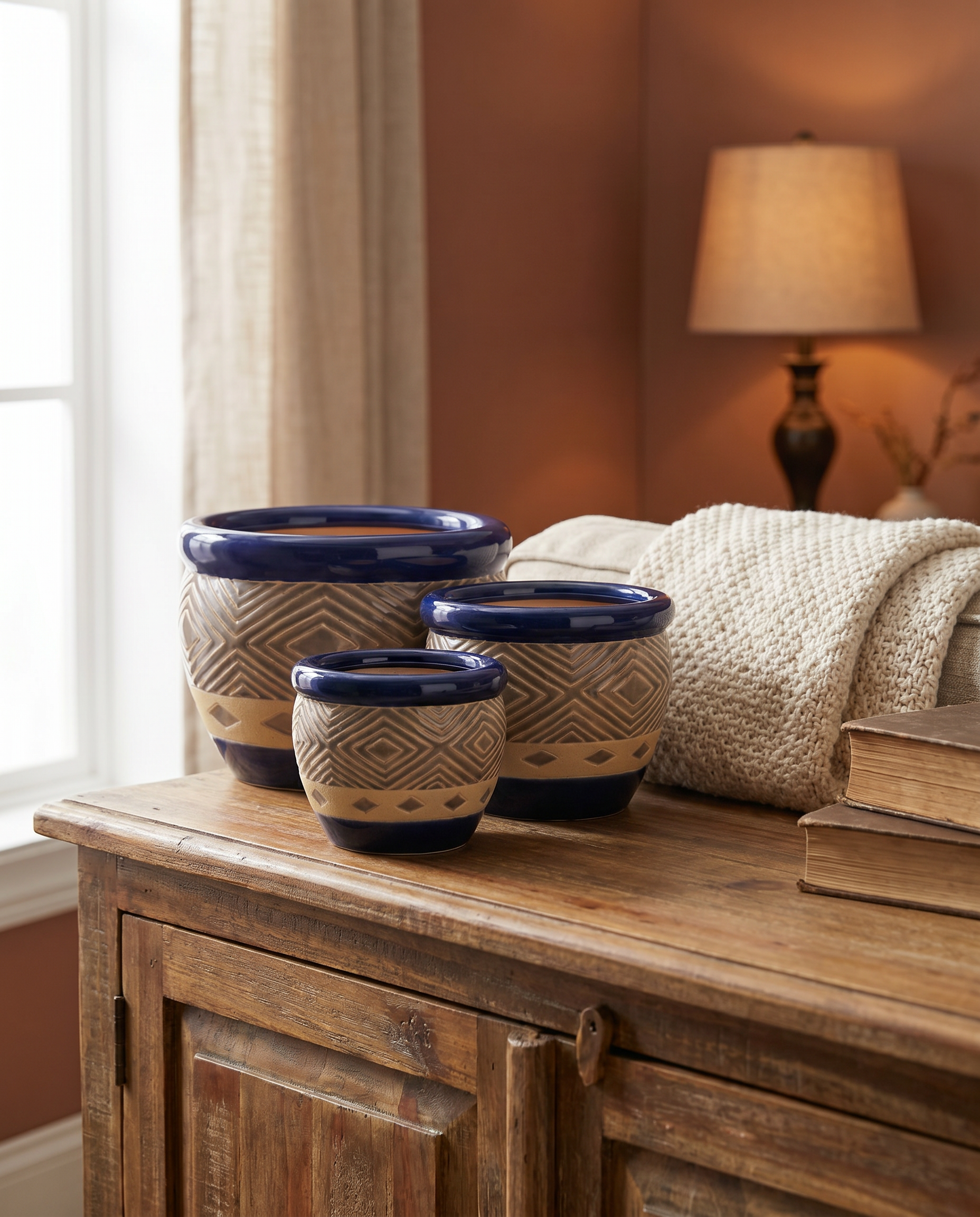 Cobalt blue ceramic planter trio on a sideboard in a cozy reading nook